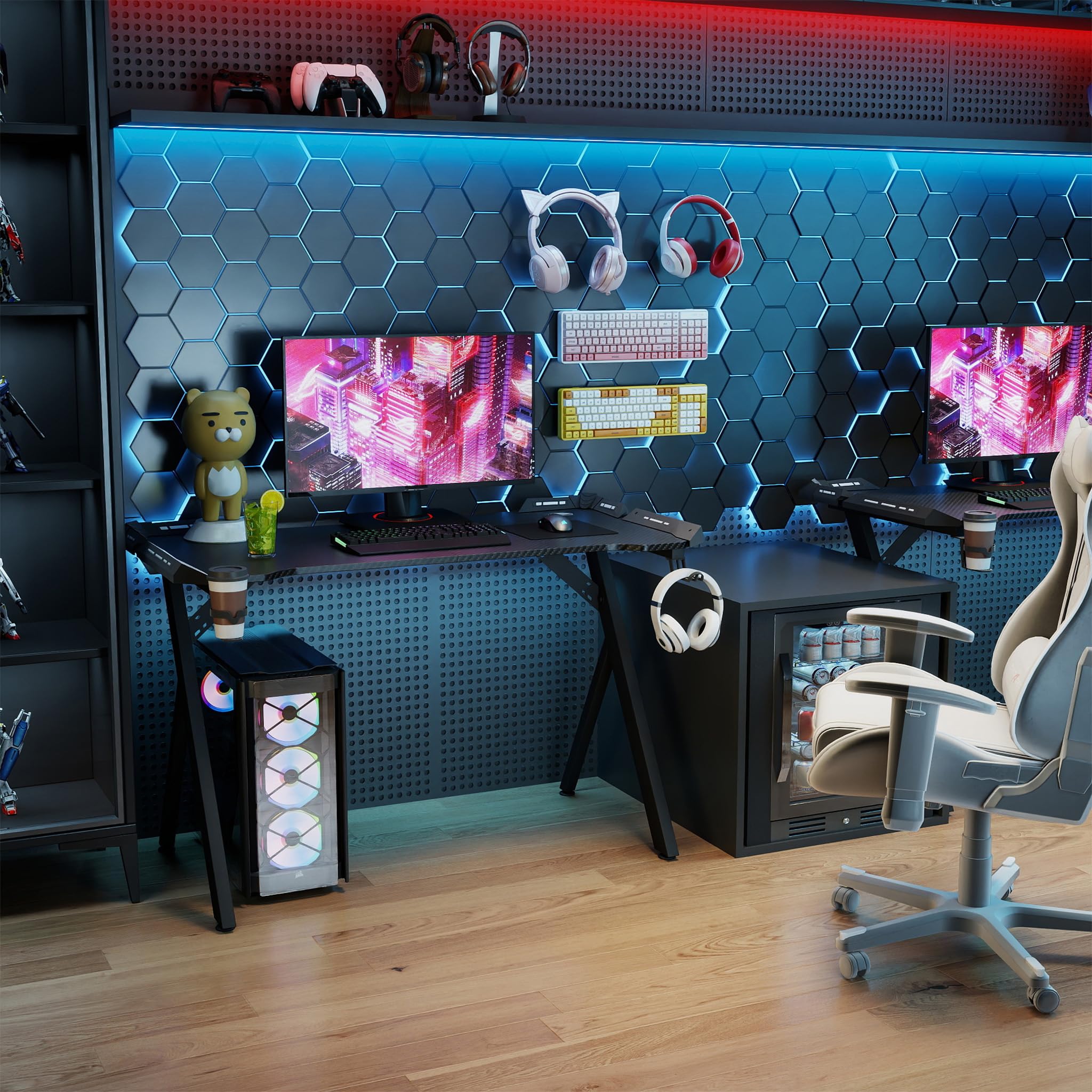 LZQ Gaming Tisch mit RGB LED 140x60 cm, Gaming Schreibtisch Ergonomischer Gamer PC Tisch mit Kohlefaser-Oberfläche, Spieltisch RGB Computertisch mit Fernbedienung & Kopfhörerhaken, Schwarz