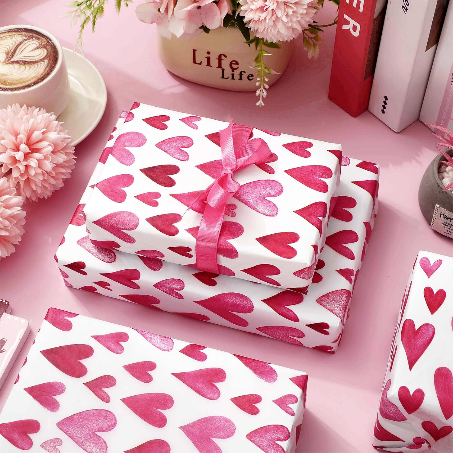 JarThenaAMCS 100 Sheets Valentine's Day Tissue Paper Watercolor Pink Heart Gift Wrapping Paper Decorative Art Papers for Bridal Shower Wedding Party DIY Crafts, 14 x 20 Inch