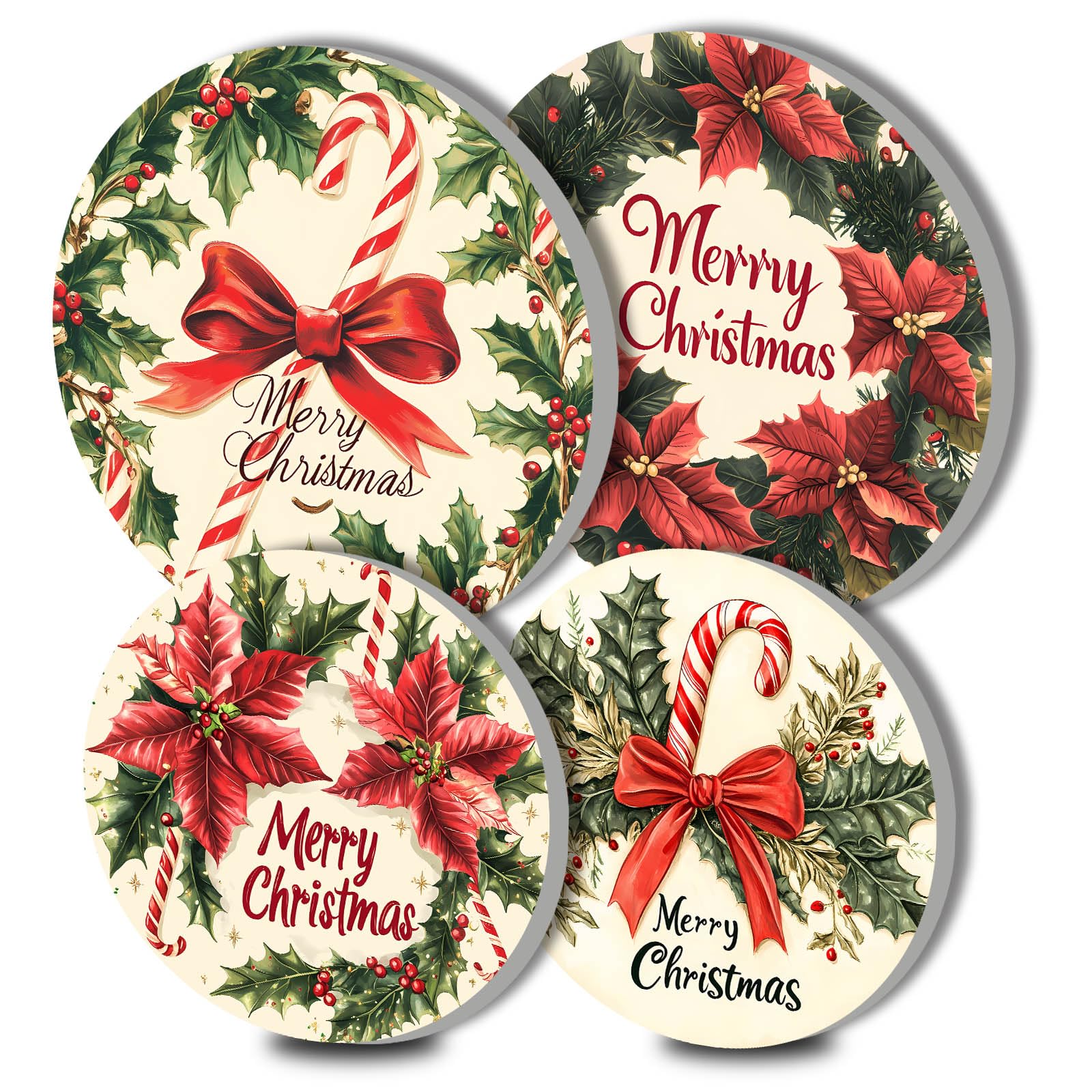 Merry Christmas Electric Stove Burner Covers，4 Pcs Candy Canes Round Stove Burner Covers,Vintage Holiday Stove Burner Cover,8 Inch and 10 Inch Red Flowers Metal Cooktop Home Decorative