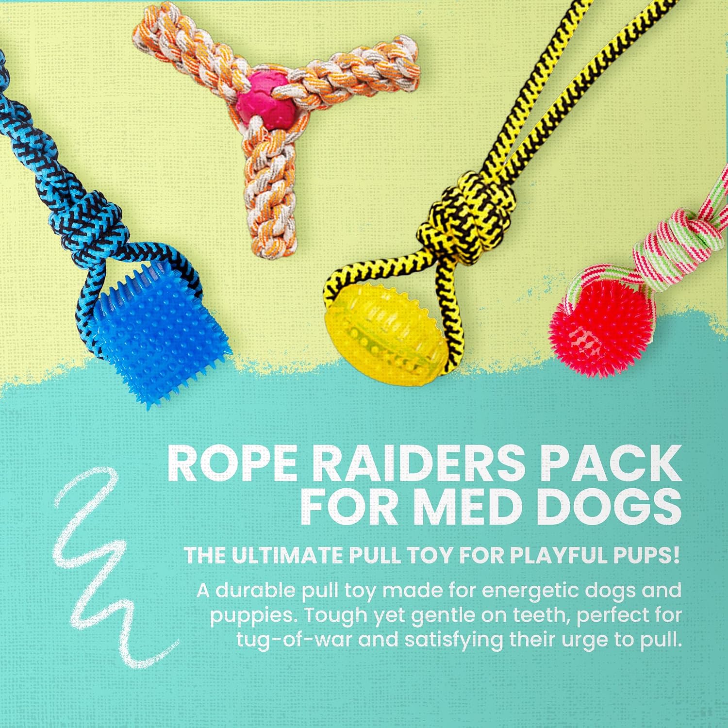 Snugarooz Rope Raiders Bundle for Medium Breeds – Spike-O-Cube, Fling N' Fun, Tug Buddy & Spike-O-Mite – Assorted Colors – Interactive Textures & Toss Playtime