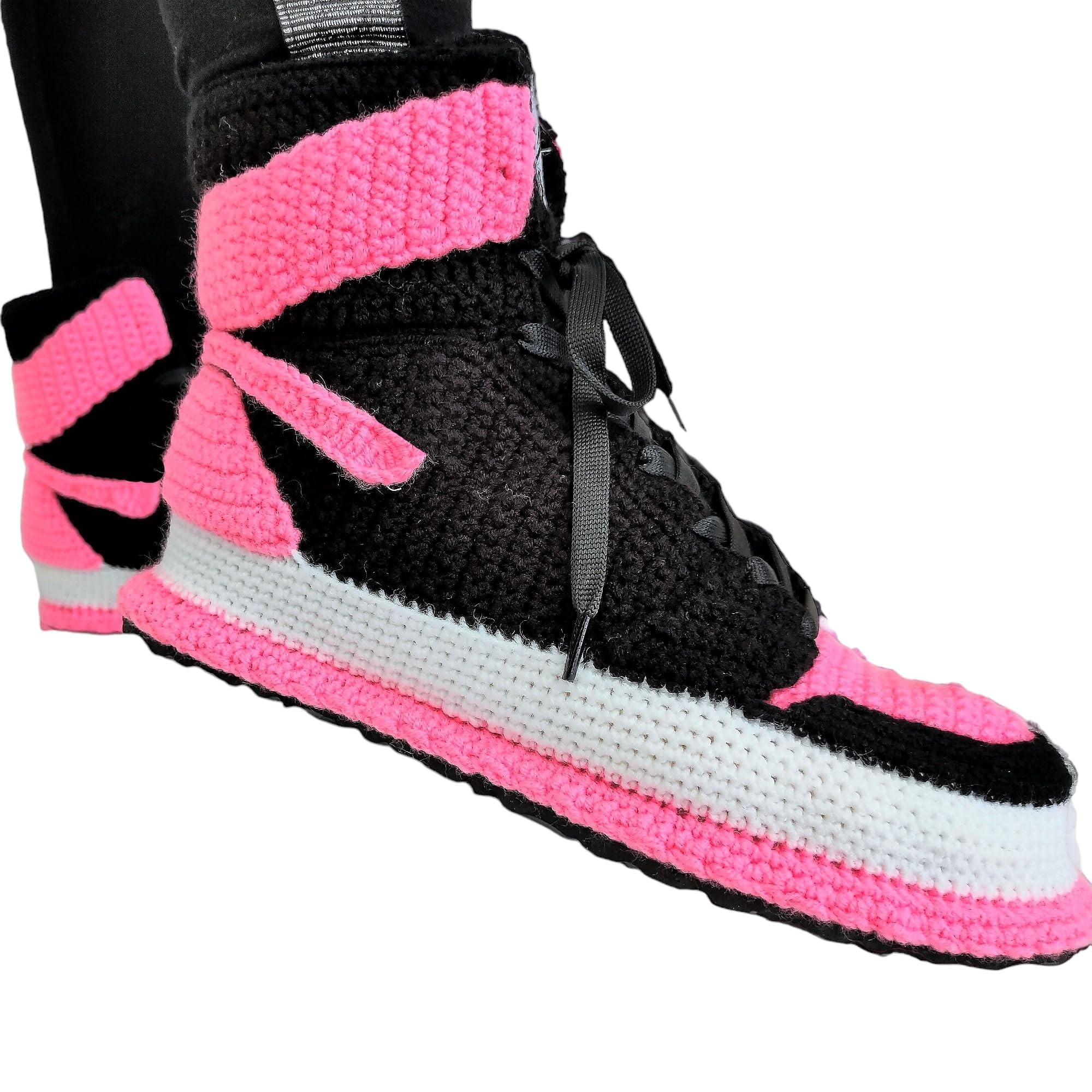 Handmade Pink Crochet High-Top Jordan Sneaker Slippers Retro Basketball Style Knit Plush Womens Shoes Cozy Unisex Indoor Booties