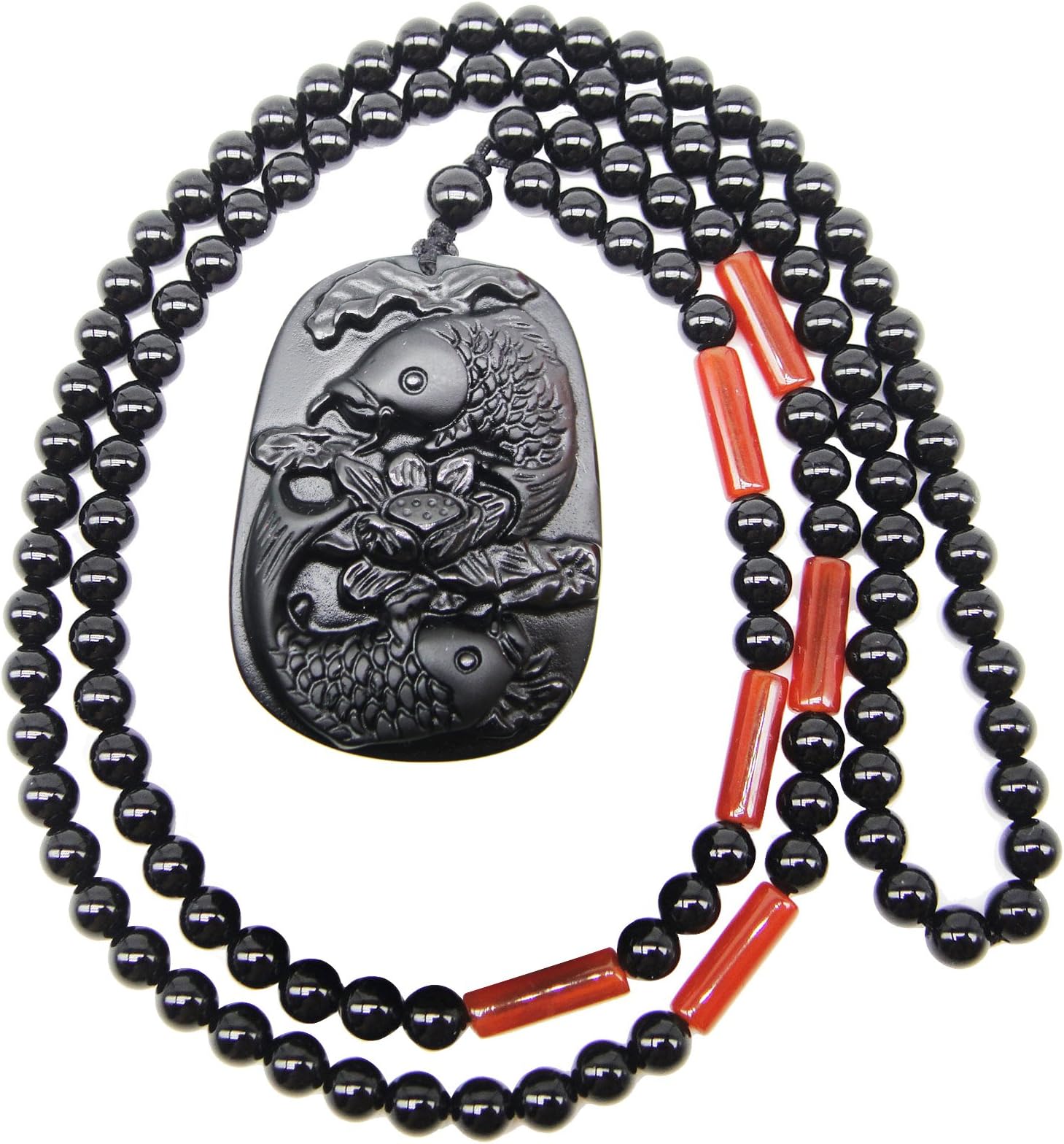 Happypaw SUNNYHER Handmade Obsidian Apache Tears Stone Pendant Jewelry Koi Fish Lotus Chinese Feng Shui Amulet Beaded Long Chain Necklace