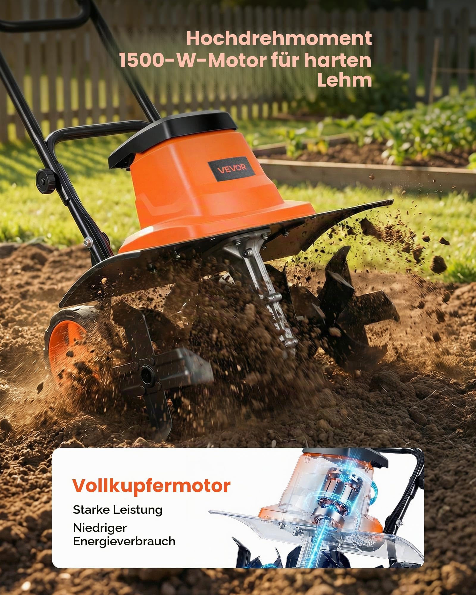 VEVOR Elektro Bodenhacke 45 cm Arbeitsbreite, 22 cm Arbeitstiefe, 1500 W Motorhacke, Bodenkrümler, Kultivator mit Stahlzinken & Klappbarem Führungsholm, Gartenfräse für Rasen-, Hof- & Gartenpflege