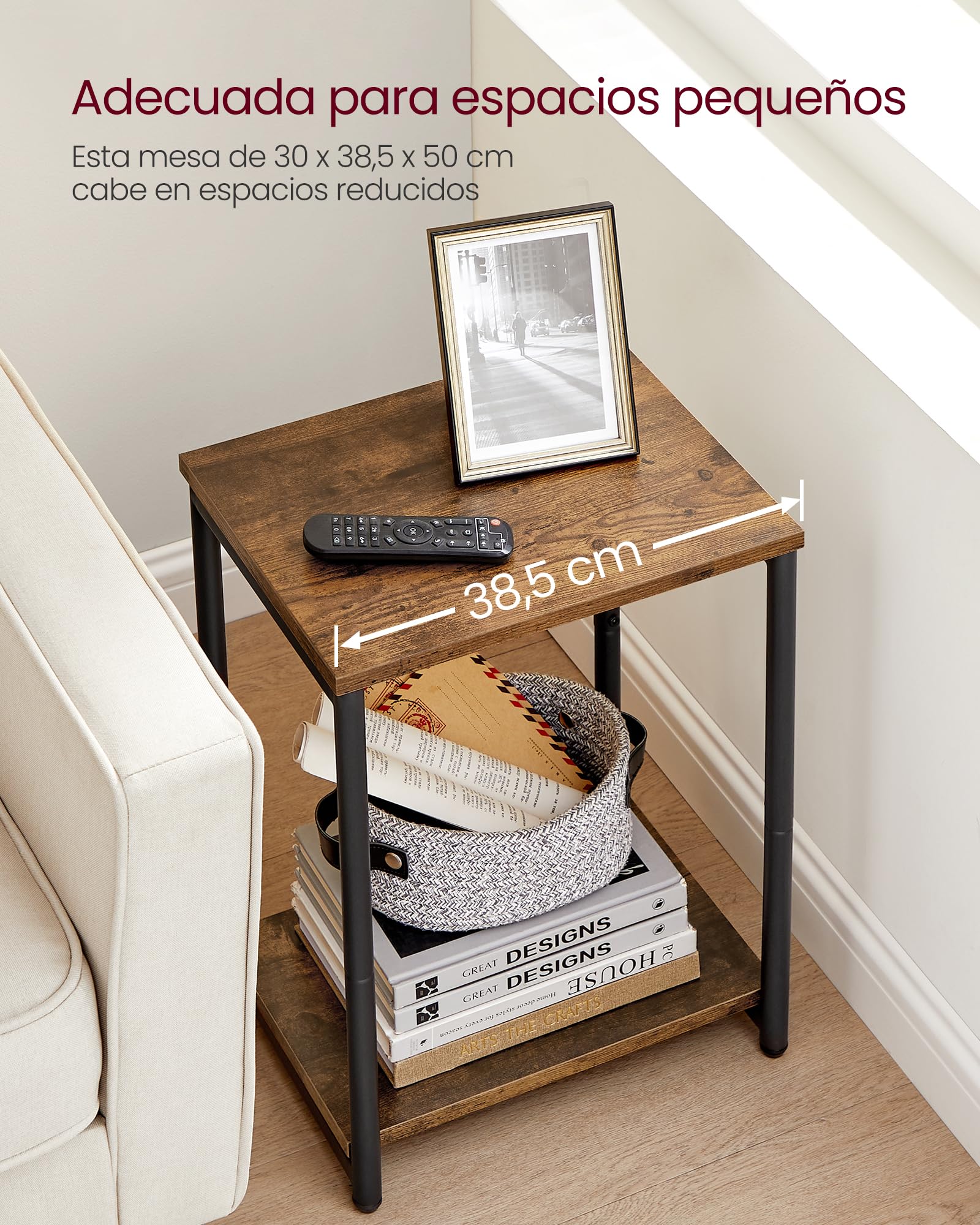 VASAGLE Juego de 2, Mesa de Sofá, Mesa Auxiliar de 2 Niveles, Mesita de Noche con Marco de Acero, para Salón, Dormitorio, Estudio, Marrón Rústico y Negro Tinta LET272B01