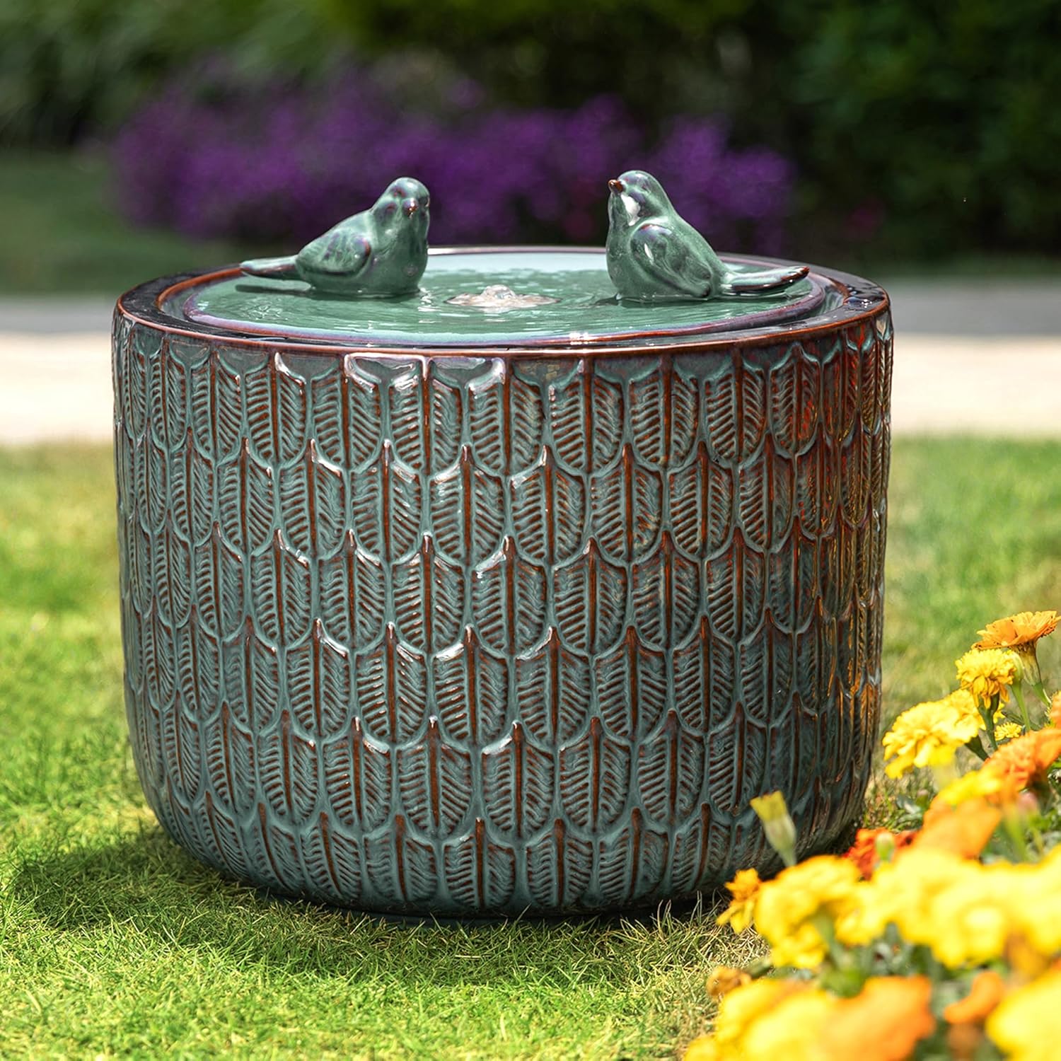 Glitzhome 14.75”H Outdoor Ceramic Water Fountain with LED Light and Pump, Embossed Leaf Pattern Floor Standing Bird Bath Fountain with Two Birds Decor for Patio Porch Deck Backyard, Turquoise