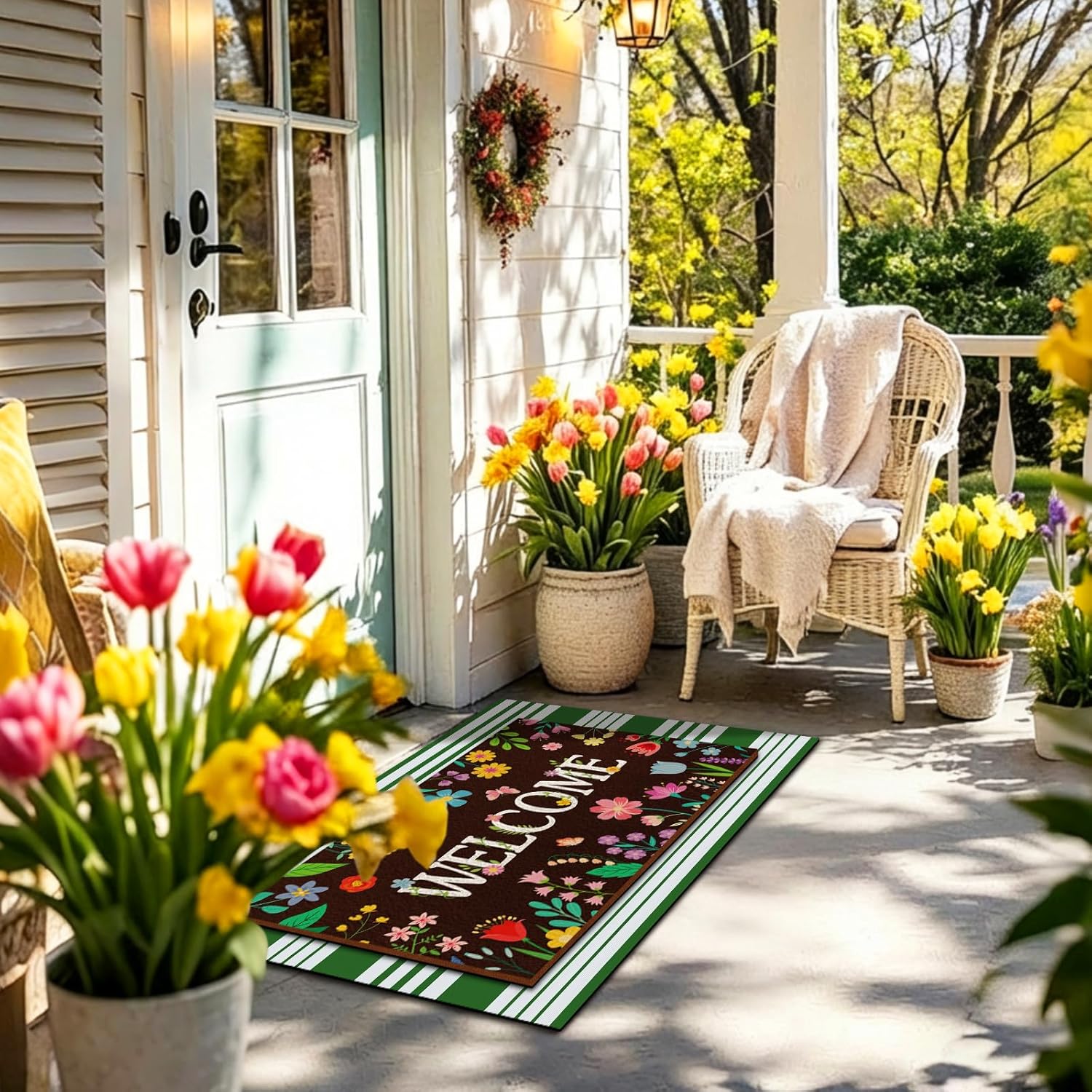 Tinideya 2 Pcs Door Mat Welcome Non Slip Coir Mats Floor Layering Doormats Seasonal for Front Porch Entryway Decor(Colorful Flowers)