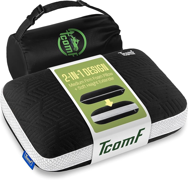 Camping Pillow,Med firm memory foam pillow,small pillow,machine washable | Dual Cover, Medium Firm, 5 Layers for Support, Small Portable, machine washable covers, 10x16 Inches, Black travel pillow