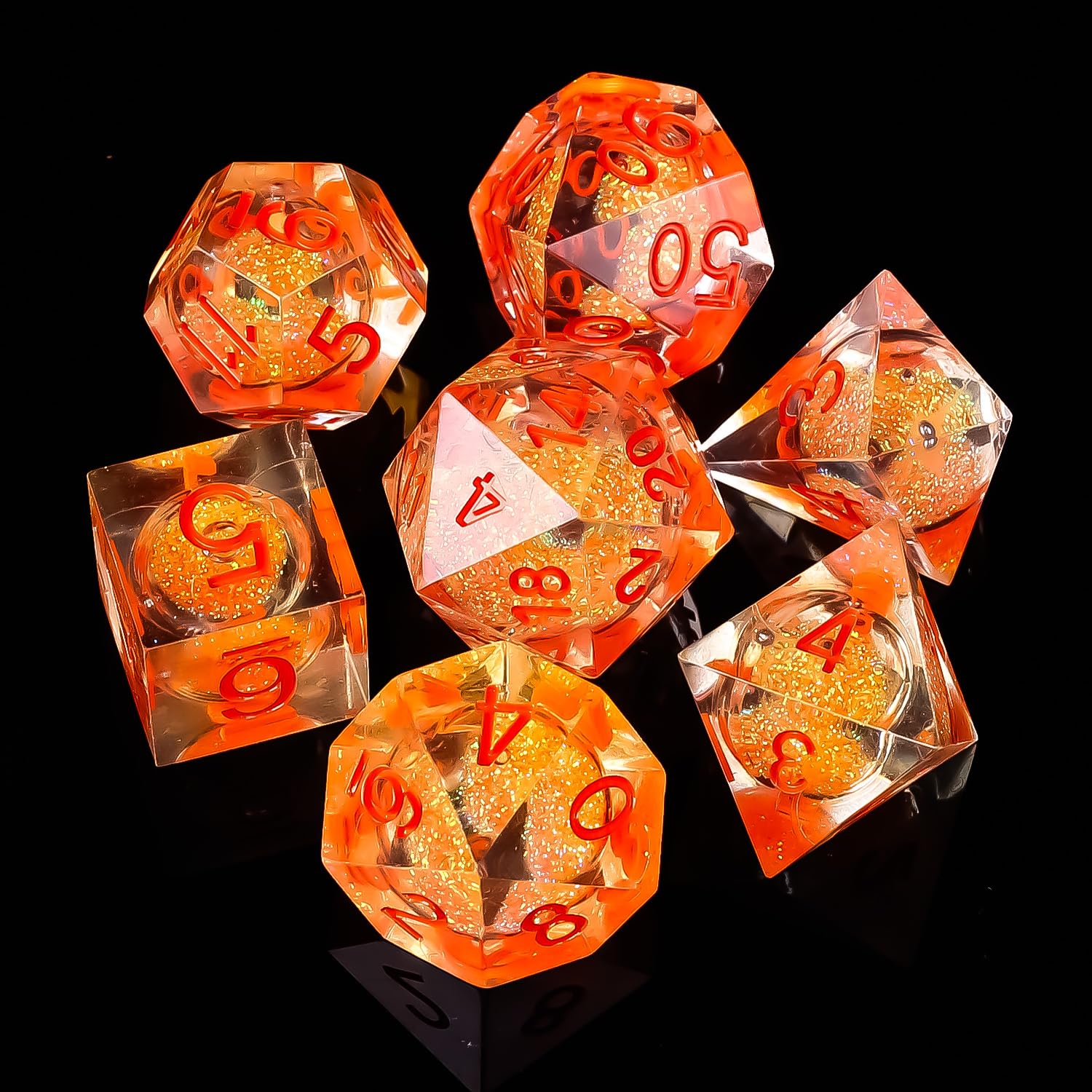 Fugacity DND Dice Set, Liquid Core Handmade Sharp Edge 7 Piece Resin Dice-Dungeons and Dragons Polyhedral Dice Set, D&D Dice Set with Gift Dice Case for RPG MTG Table Games(Orange Red)