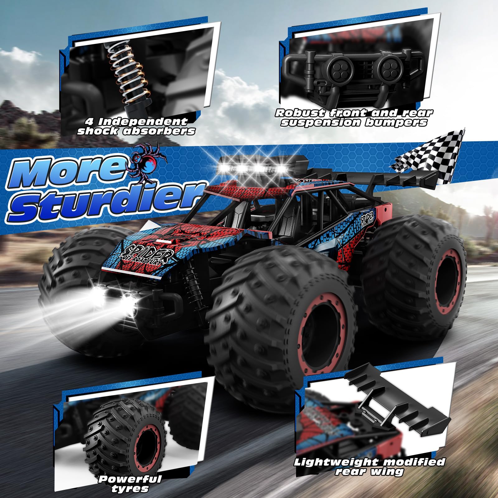 Tecnock Coche Teledirigido 1:20, Camión RC Todoterreno Recargable con LED, 10 km/h, 2,4 GHz, 2 Baterías para 50 Min, Estable y Fácil de Controlar, para Niños y Principiantes