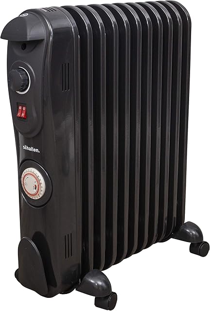 Schallen Black Portable Electric Slim Oil Filled Radiator Heater with Adjustable Temperature Thermostat, 3 Heat Settings & Safety Cut Off (2500W | 11 Fin with Timer)
