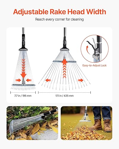 Miniatura 3 de VEVOR Rastrillo de hojas, 18 dientes de metal, rastrillo de jardín ajustable para césped con cabeza de 7.7 a 17.1 pulgadas y mango largo de 32.3 a
