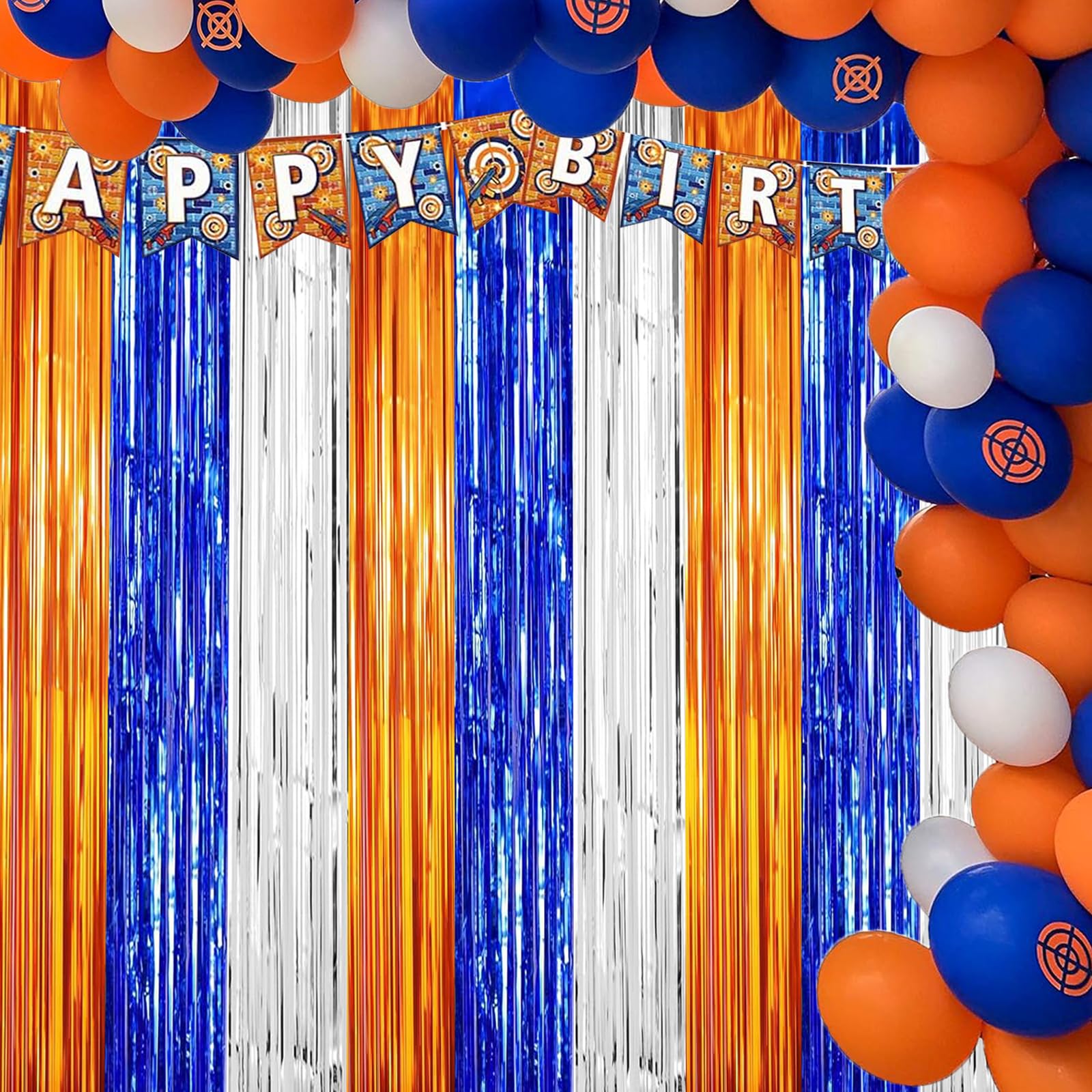 Dart War Party Photo Booth Props Backdrop Orange Blue Sliver Foil Fringe Curtains for Dart War Outer Space Birthday Party Decorations 3 Pack.9.9x19.8ft