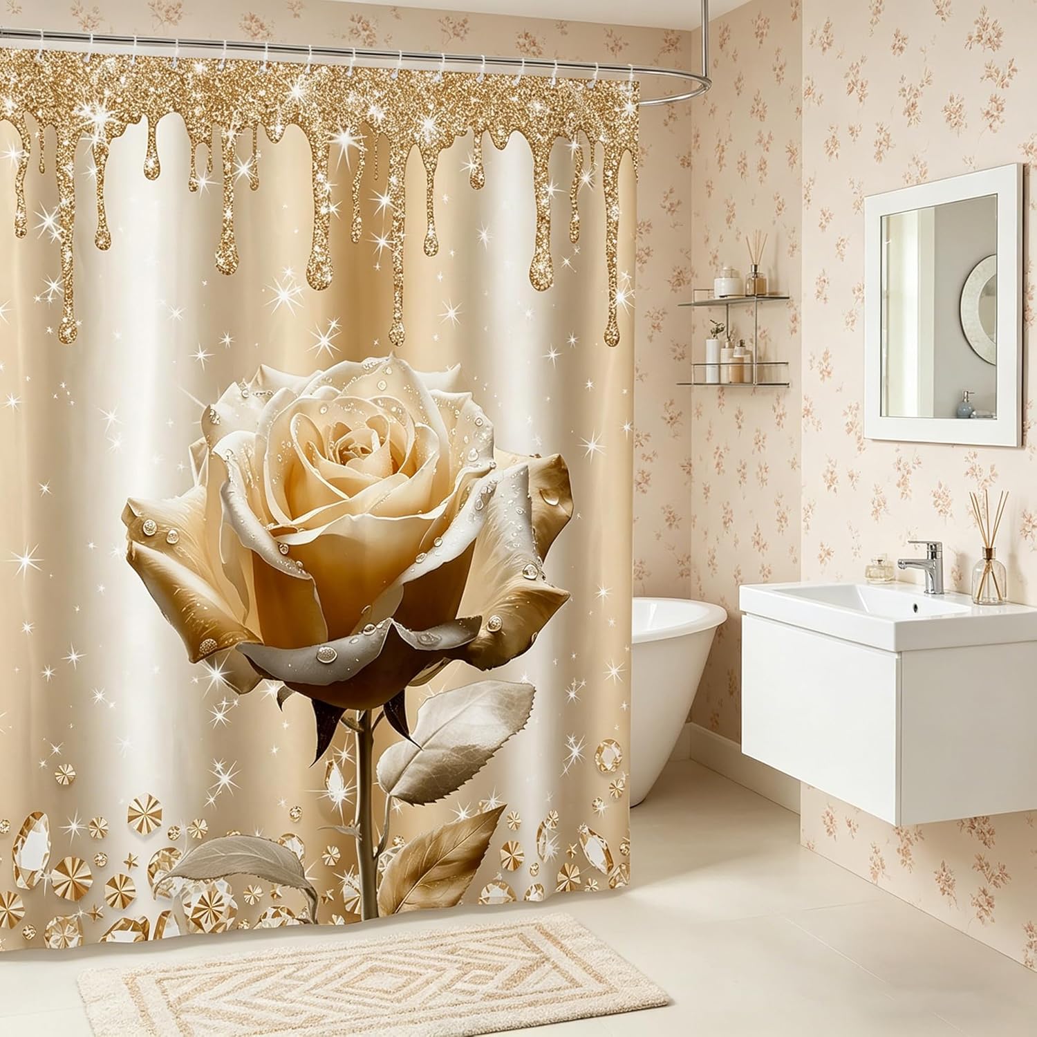 Manfei Champagne Rose Shower Curtains Abstract Glitter Diamond Bathroom Curtains for Kids Girls Adults, Champagne Flower Waterproof Bath Curtains with 12 Hooks Suits for Bathtub, 72" W x 78" L