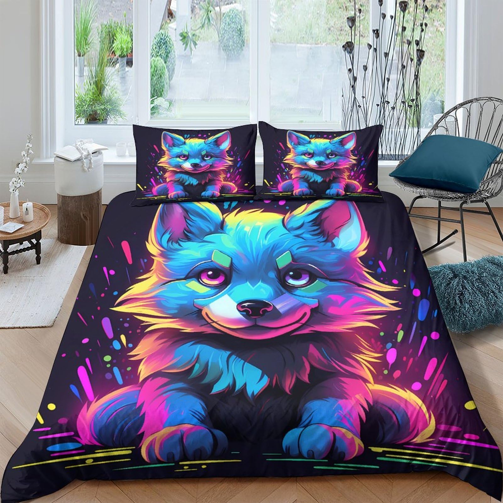 Ctjqhvkz Style-7 3D Printed Neon Wolf Fitted Sheet Microfiber Soft Breathable Abstract Animal Mattress Cover For Bedroom Dorm Decor Single（135X200cm）