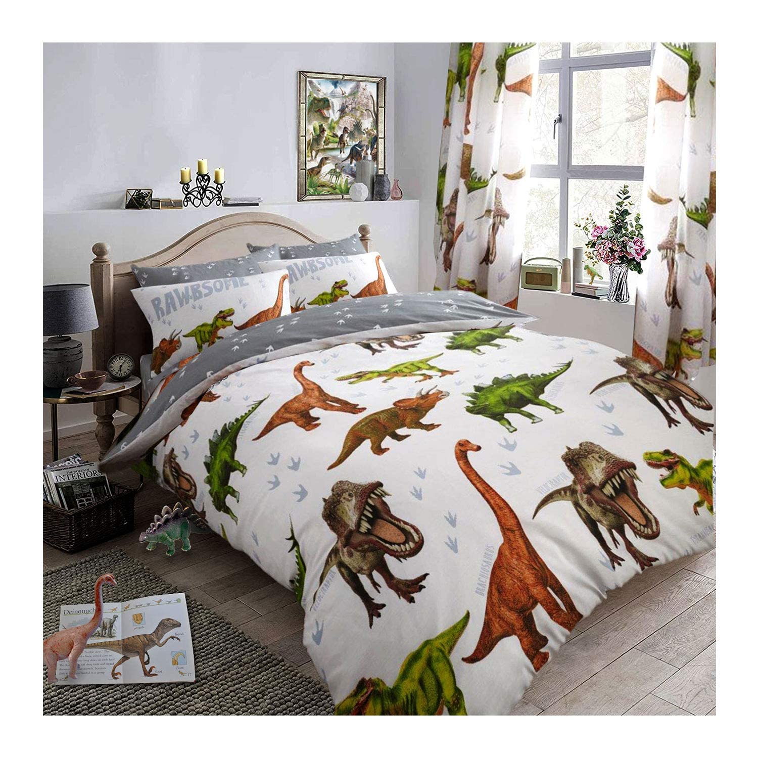 Fairwayuk Boys Rotary Dinosaur Dinosaur Bedding Set - Kids Poly Cotton Duvet Cover With Pillowcase, Single Bed Size 2 Piece Reversible Quilt Covers, 137X200cm, Bedroom Accessories