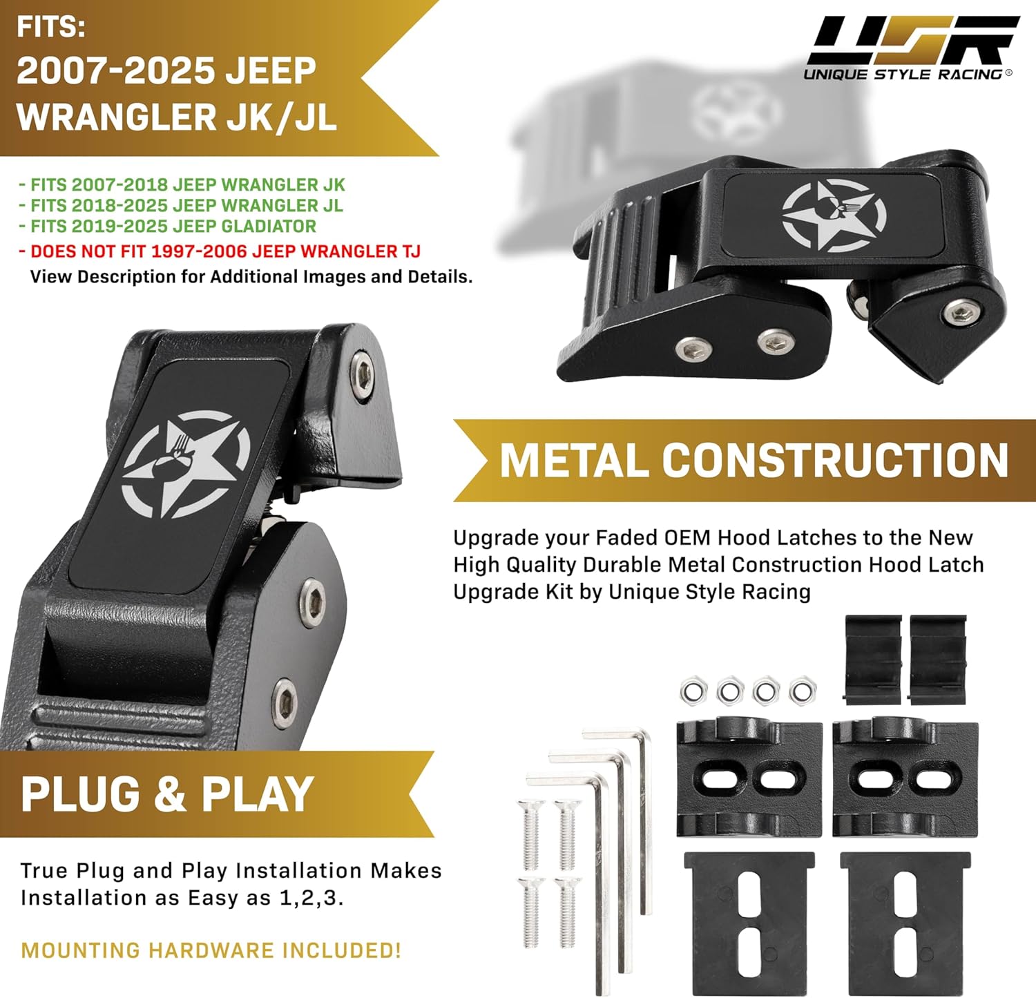 USR 07-25 JK and JL HOOD LATCHES Metal Constructed Lock Catch – HeavyDuty Hoodlatch Set (2pc) + Stealth Black Powder Coat UV Resistant Rust-Proof Steel License Plate Frame