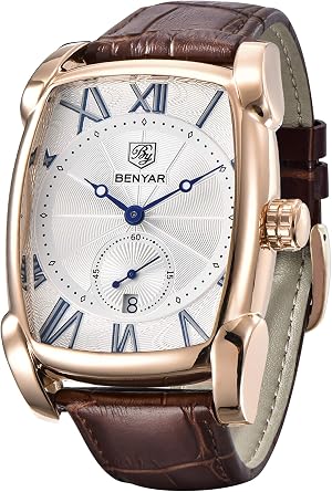 BENYAR Rectangle Watch for Men with Leather Strap Mens Retro Fashion Casual Classic Wrist Watch Best Gift for Friends, G Rose Gold, Vintage, G Rose Gold, Vintage