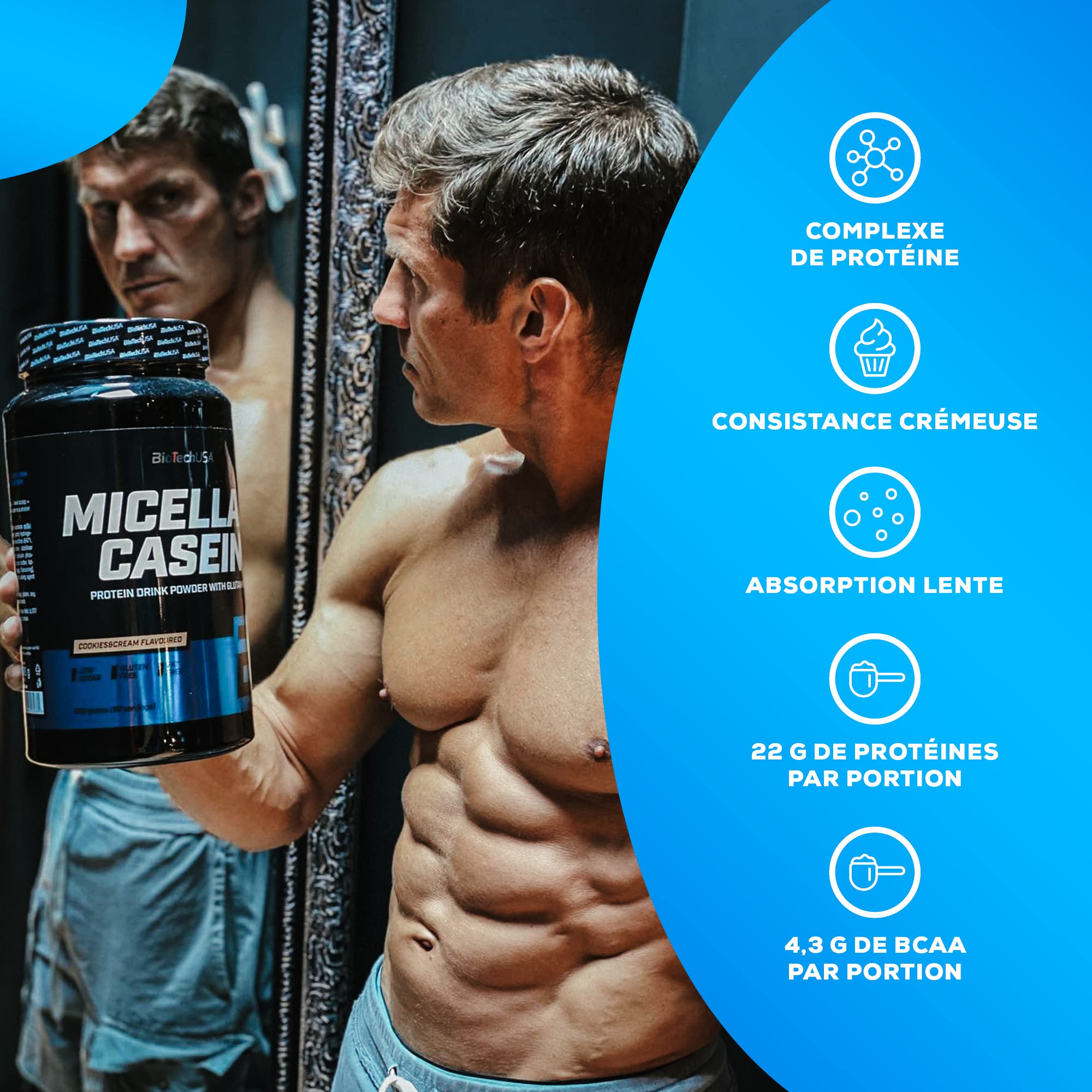 BioTechUSA Micellar Casein Protein Powder | Temps d'absorption prolongé | Sans gluten et sans graisse | L-Glutamine ajoutée, 908 g, Vanille