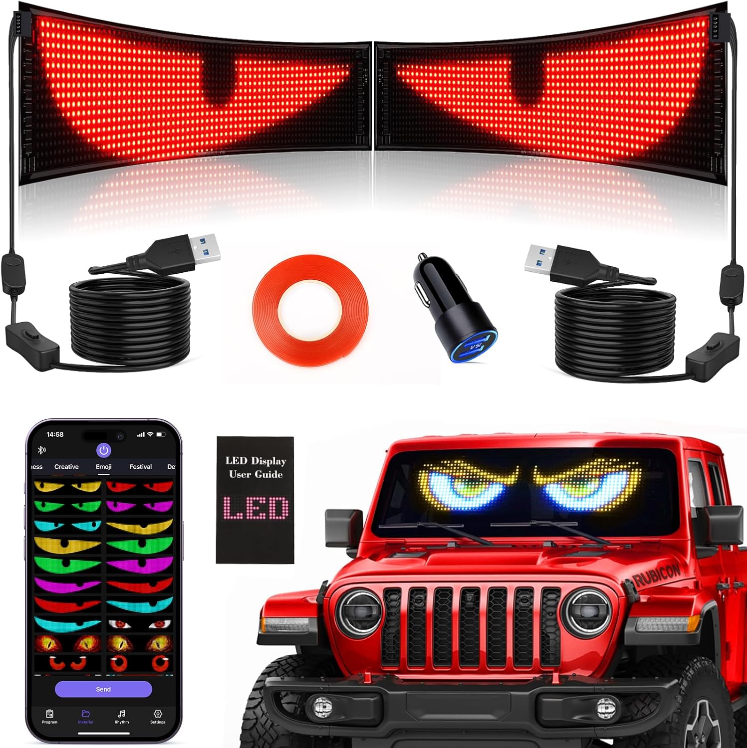 Tnuxey 2PCS Synchronize Multiple Devil Eyes Light, 15''x4'' Full Color Eyes for car Windshield, Programmable LED Display Scrolling Led Light Sign for Car Window