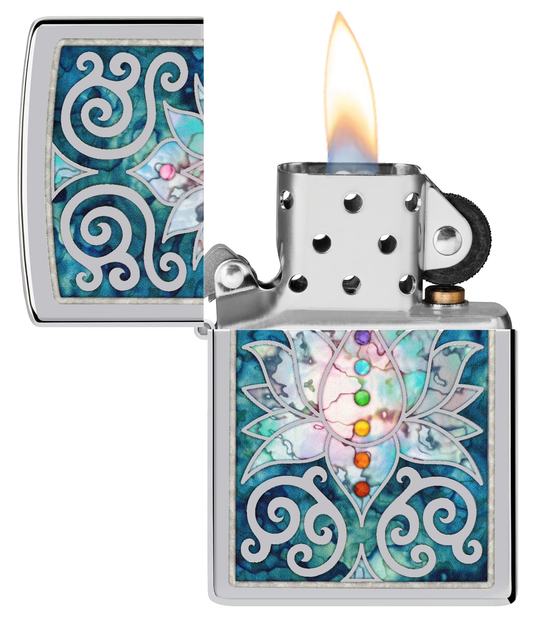 Zippo - Briquet Tempête Motif Fleur De Lotus, Chrome Poli, Impression Fusion, Rechargeable, Réutilisable, Coupe-Vent, Coffret Cadeau, Fabriqué Aux États-Unis