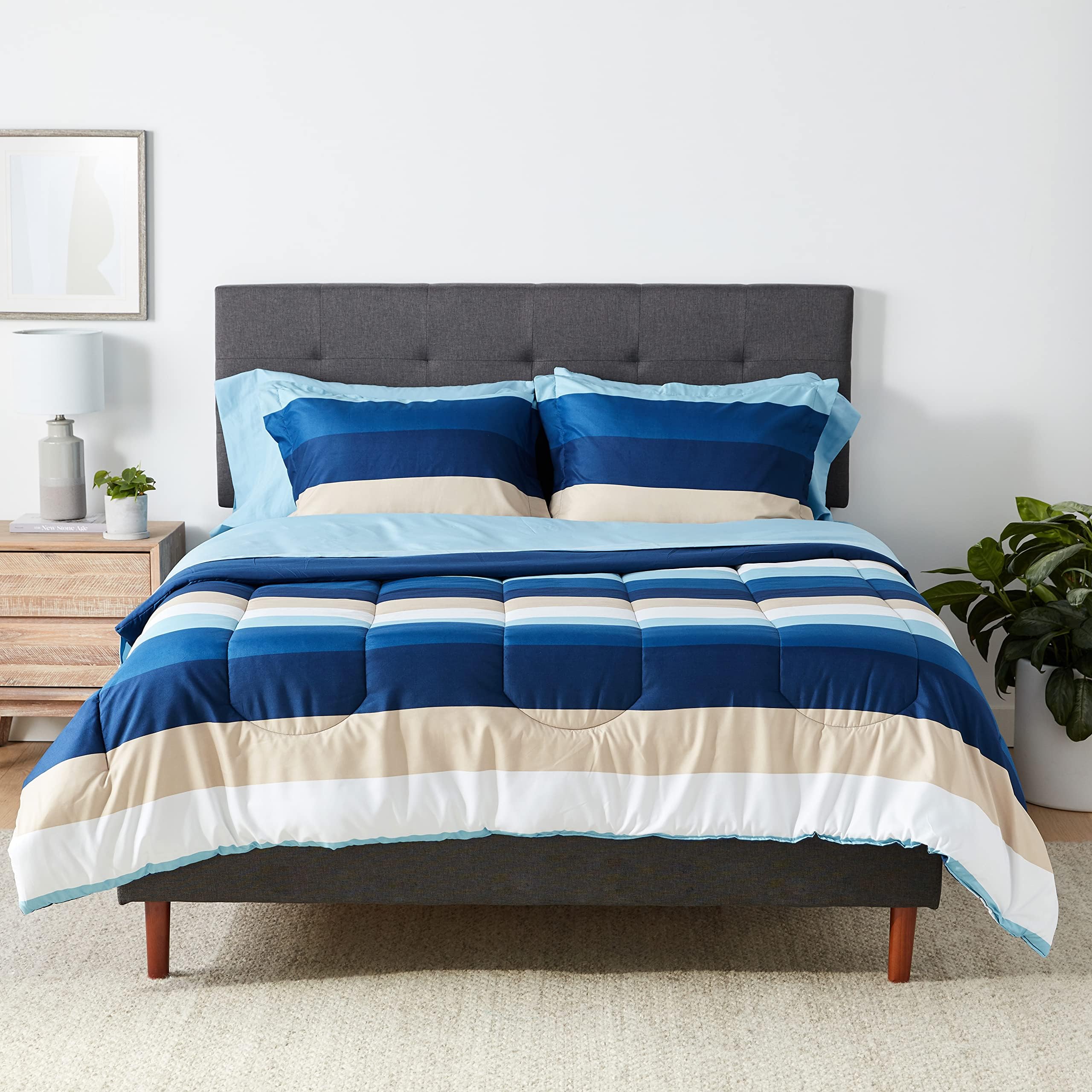 Full/Queen Comforter Set with Sheets, 7-Piece Blue Stripe Bedding, Lightweight Microfiber Bed-in-a-Bag, Striped