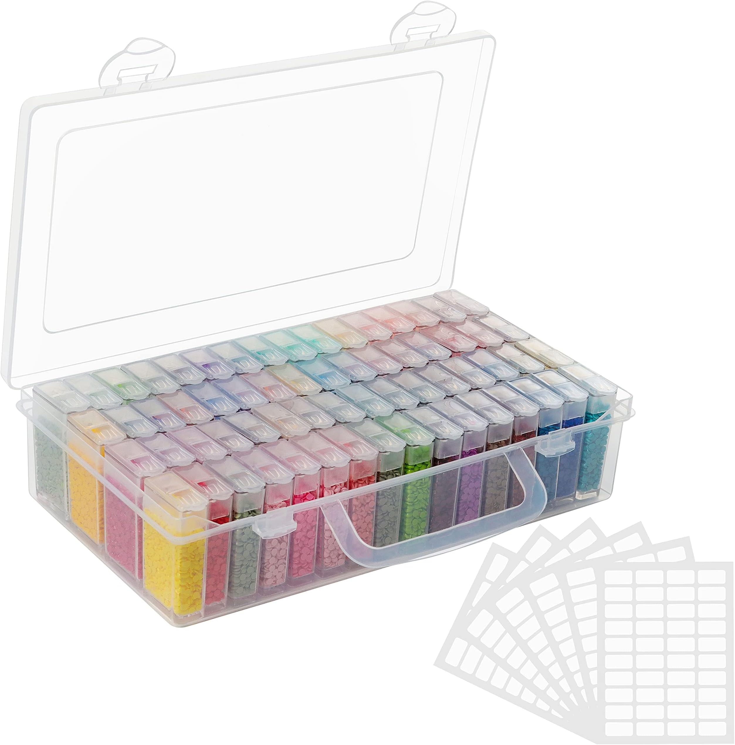 Diamond Painting Round Diamonds (60,000 Pack) - 60 Colours - 64 Small Containers with Storage Box & Labels - Replacement Diamond Beads for Cross Stitch DIY, Crafts & Freestyle Art