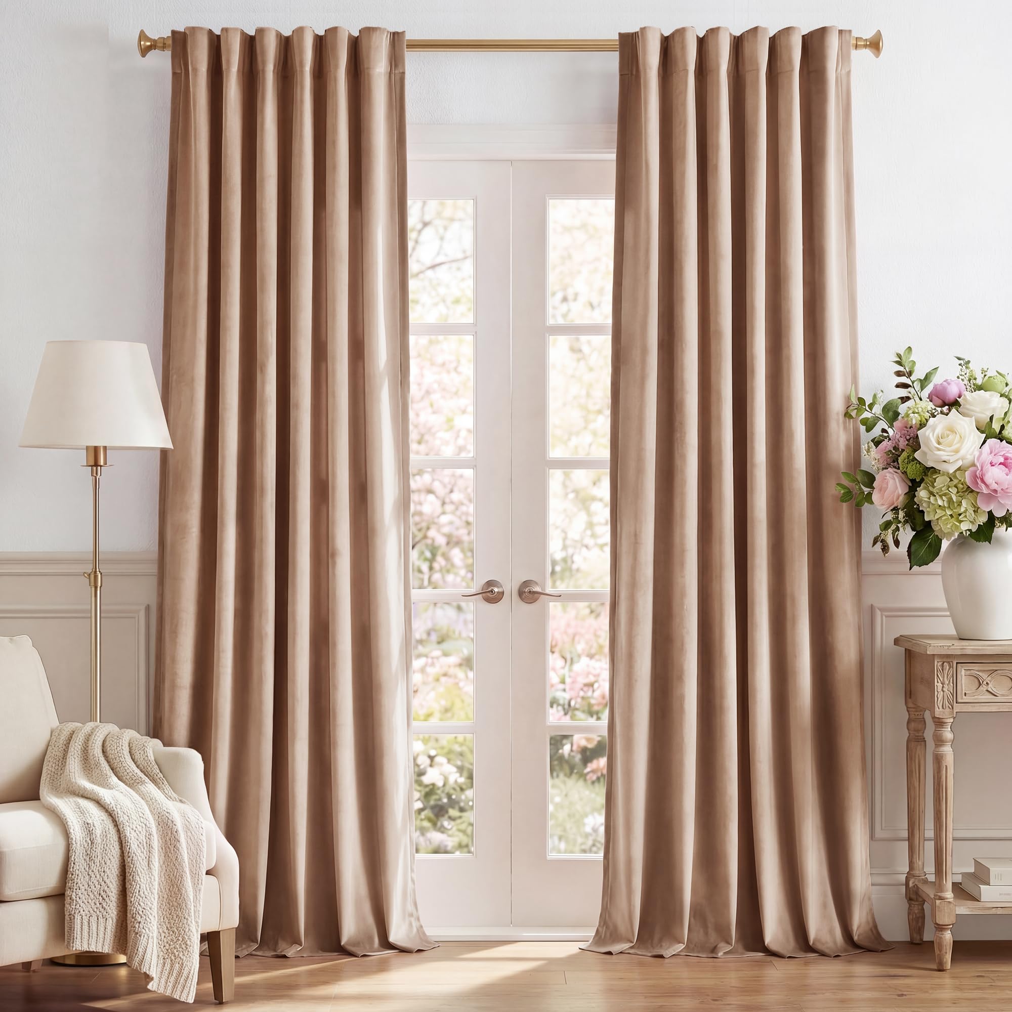 StangH Blush Beige Velvet Curtains 132 inches Long High Ceiling Tall Curtains Back Tab Thermal Insulated Window Door Drapes for Living Dining Room Office, W52 x L132, 2 Panels — image 1