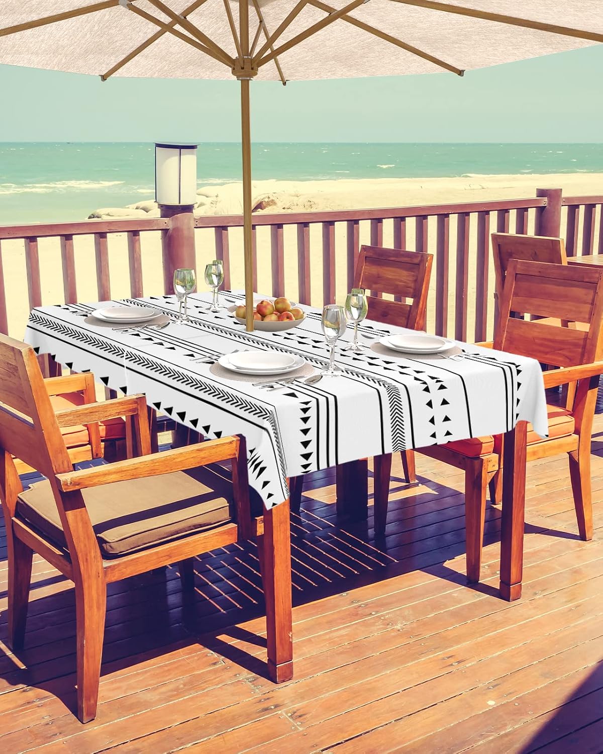Outdoor Tablecloth with Umbrella Hole & Zipper, Boho Black White Modern Stripes Rectangle Tablecloth 60x84 Inch, Farmhouse Abstract Art Patio Table Cover Waterproof Table Cloth for Picnic/Party