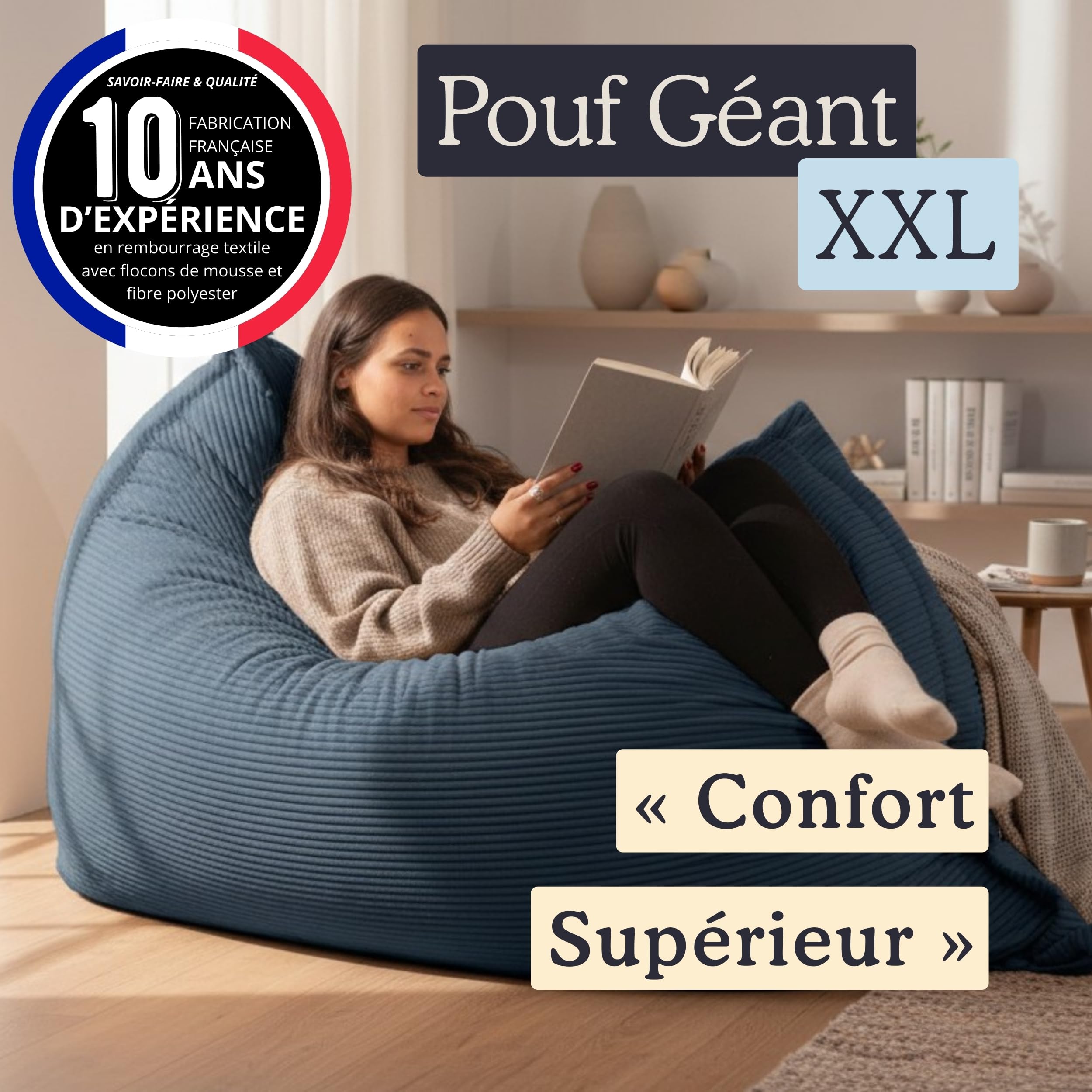 bananair Pouf Géant XXL d’Intérieur en Velours Côtelé 180x140 cm - Doux, Confortable, Déhoussable - Généreusement Rembourré, Détente Totale - Gros Pouf Lit pour Salon, Chambre Ado, Gamer (Bleu Nuit)