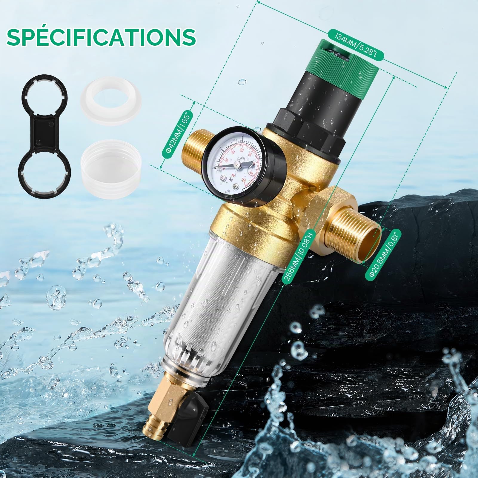 Réducteur de pression d'eau 3/4", avec Manomètre et Filtre à Tamis, pour D'irrigation de Jardin, au Chauffage au Gaz, au Robinet