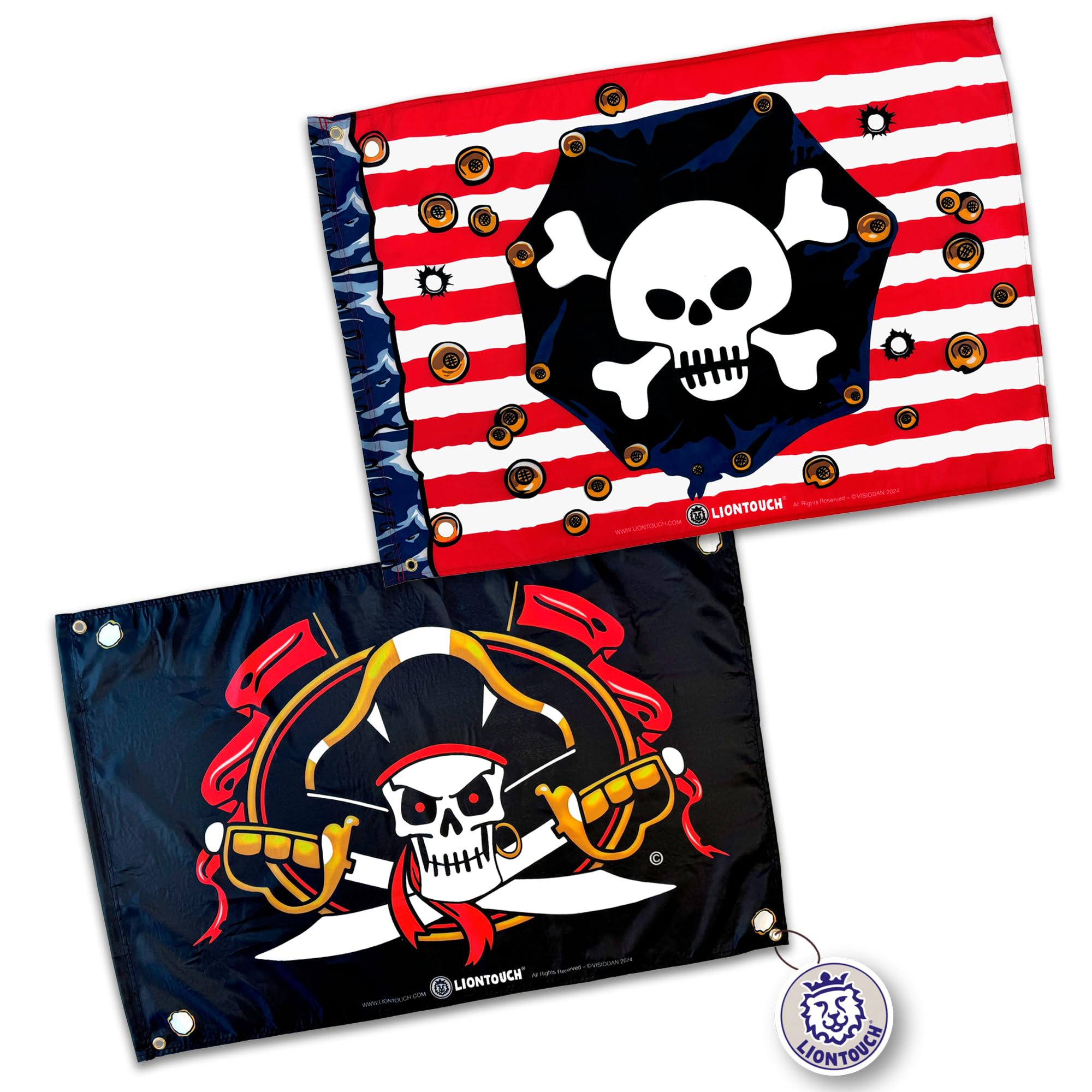 Liontouch Pirate Flag Set - Red Stripe & Captain Cross - 100 x 70 cm | For Indoor & Outdoor Play - Red/White Stripes & Black With Skull | Kids Adventure Toy Accessories for Sailing the Caribbean