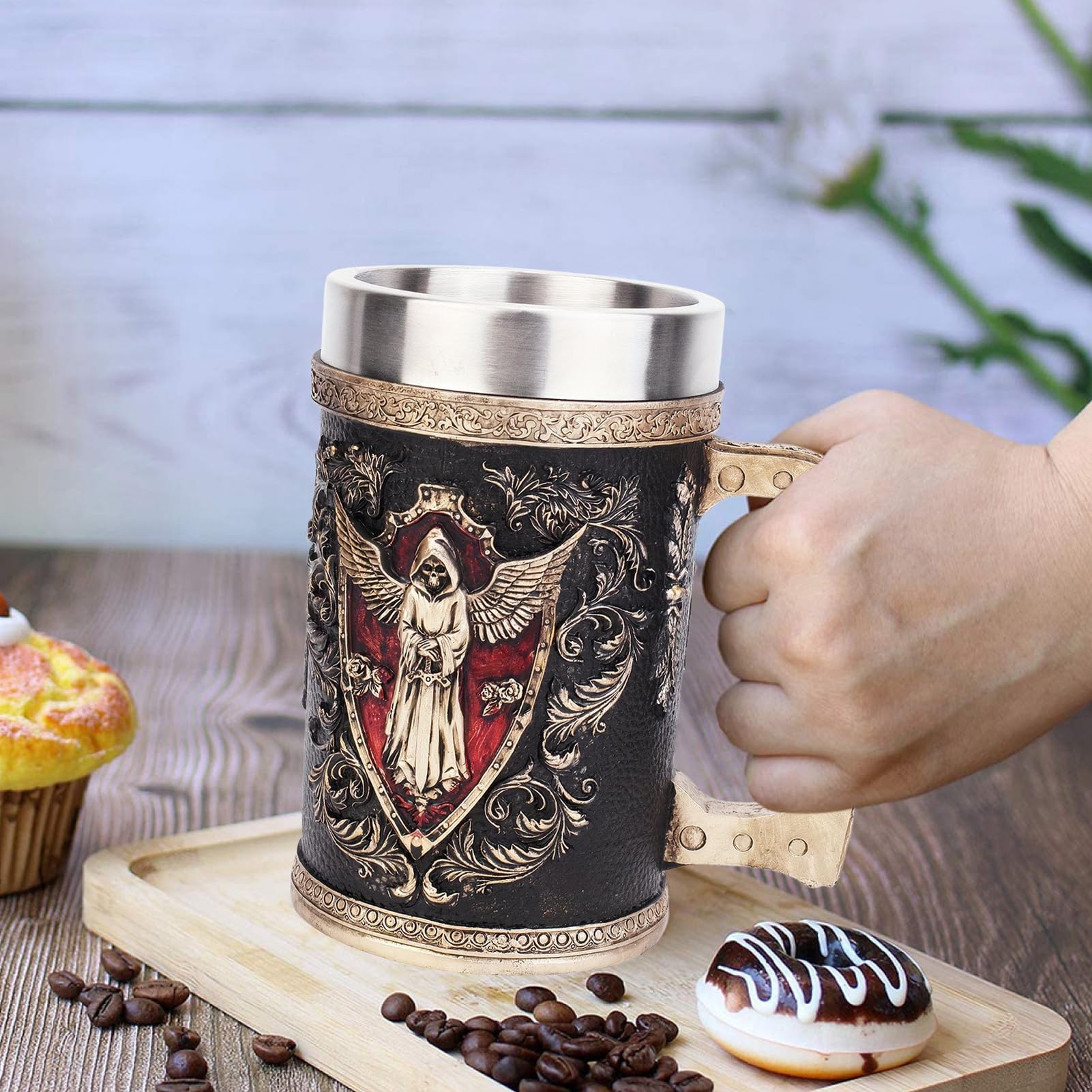 Generico Chope à bière en forme de crâne, tasse à bière réutilisable, 500 ml en acier inoxydable, taverne portable pour anniversaire, Noël et Thanksgiving
