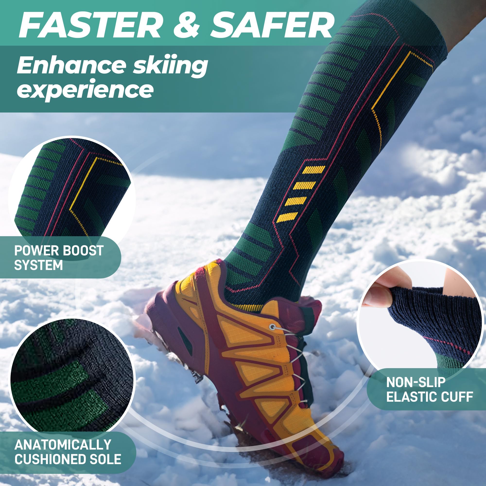 PULIOU Calze Da Sci In Lana Merino, Calze Termiche Da Snowboard, Traspiranti, Ad Asciugatura Rapida, Antiscivolo, Anti-Piaghe Da Decubito, Modello Spesso, Unisex Per Adulti E Adolescenti, 2Paar/3Paar