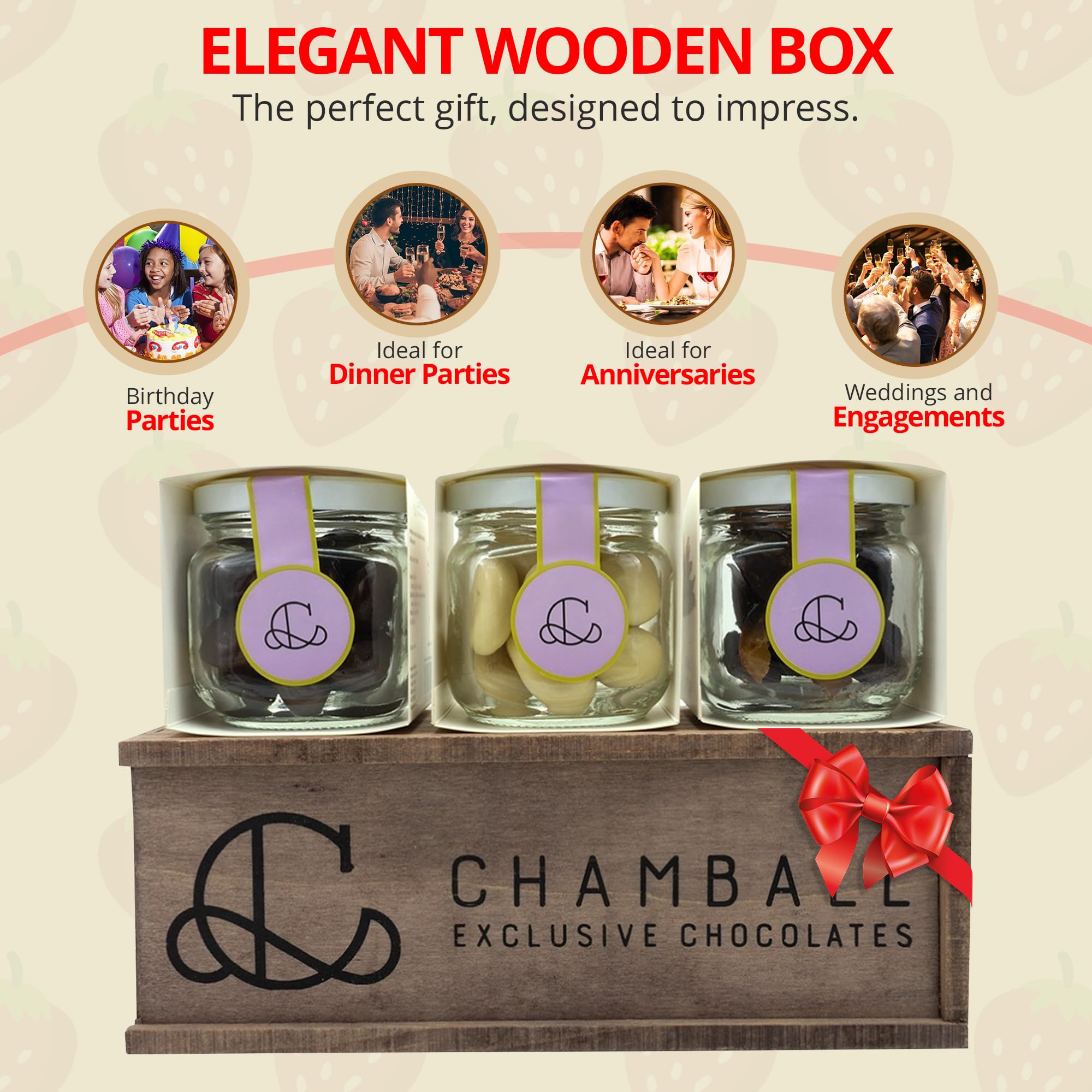 CHAMBALL – Caja de bombones Madera con Fresas Chocolate Blanco & Negro y Naranja Confitada – 280g | Chocolates para Regalar, Caja Bombones Gourmet, Chocolate Regalo San Valentín, Cumpleaños