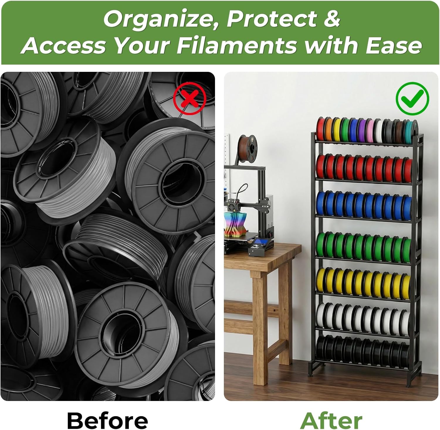 3D Printer Filament Rack, 7-Tier Heavy Duty Filament Storage Shelf, Reinforced Steel Organizer for PLA PETG ABS TPU Spools, Adjustable for 200g–5kg Filaments, Ideal for Print Farm, Maker Space, Lab
