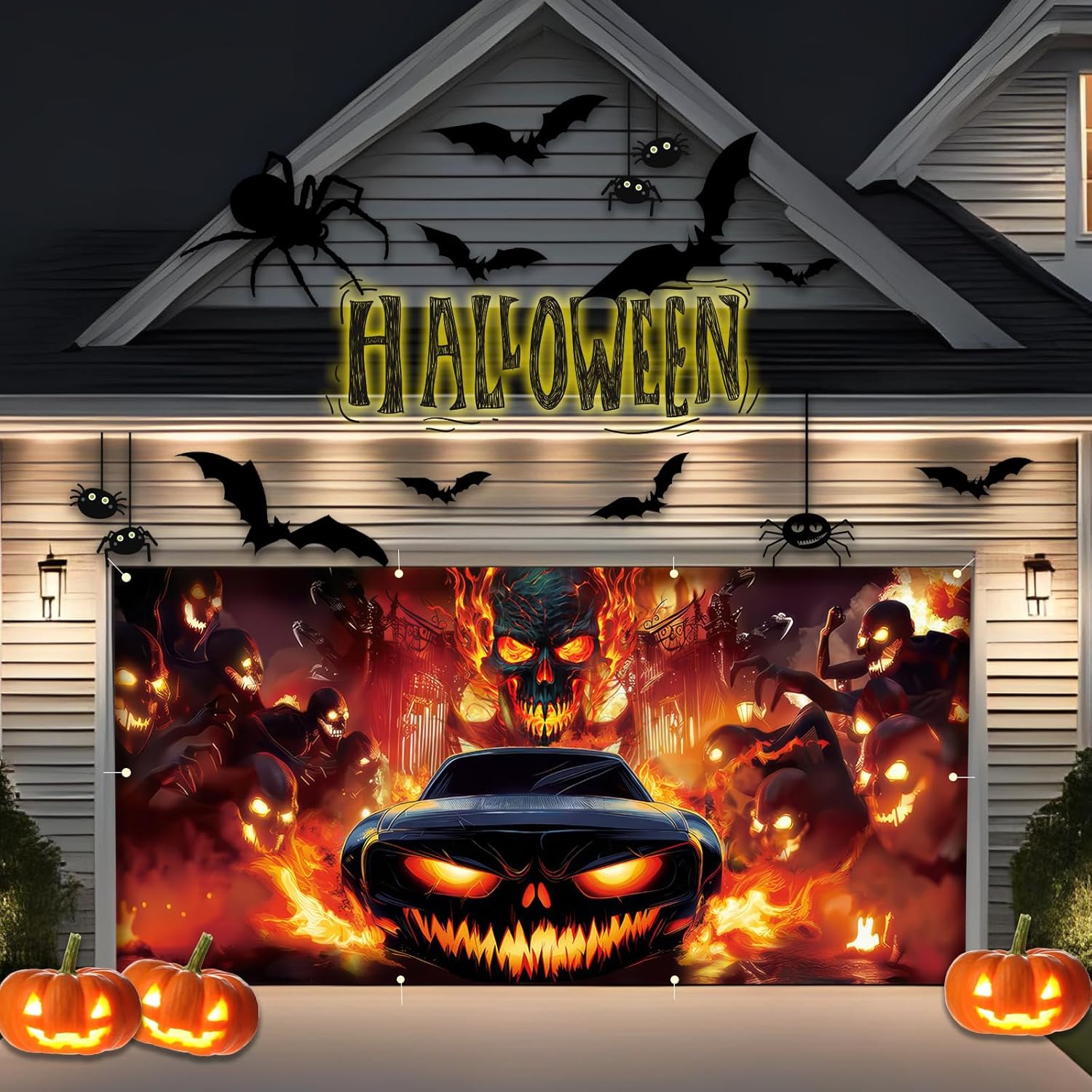 Halloween Garage Door Banner - 7x16 ft Skull Large Hanging Backdrop Halloween Garage Door Cover Wall Decorations for Outdoor Indoor, Holiday Party, Home, Yard, and Window Decoration