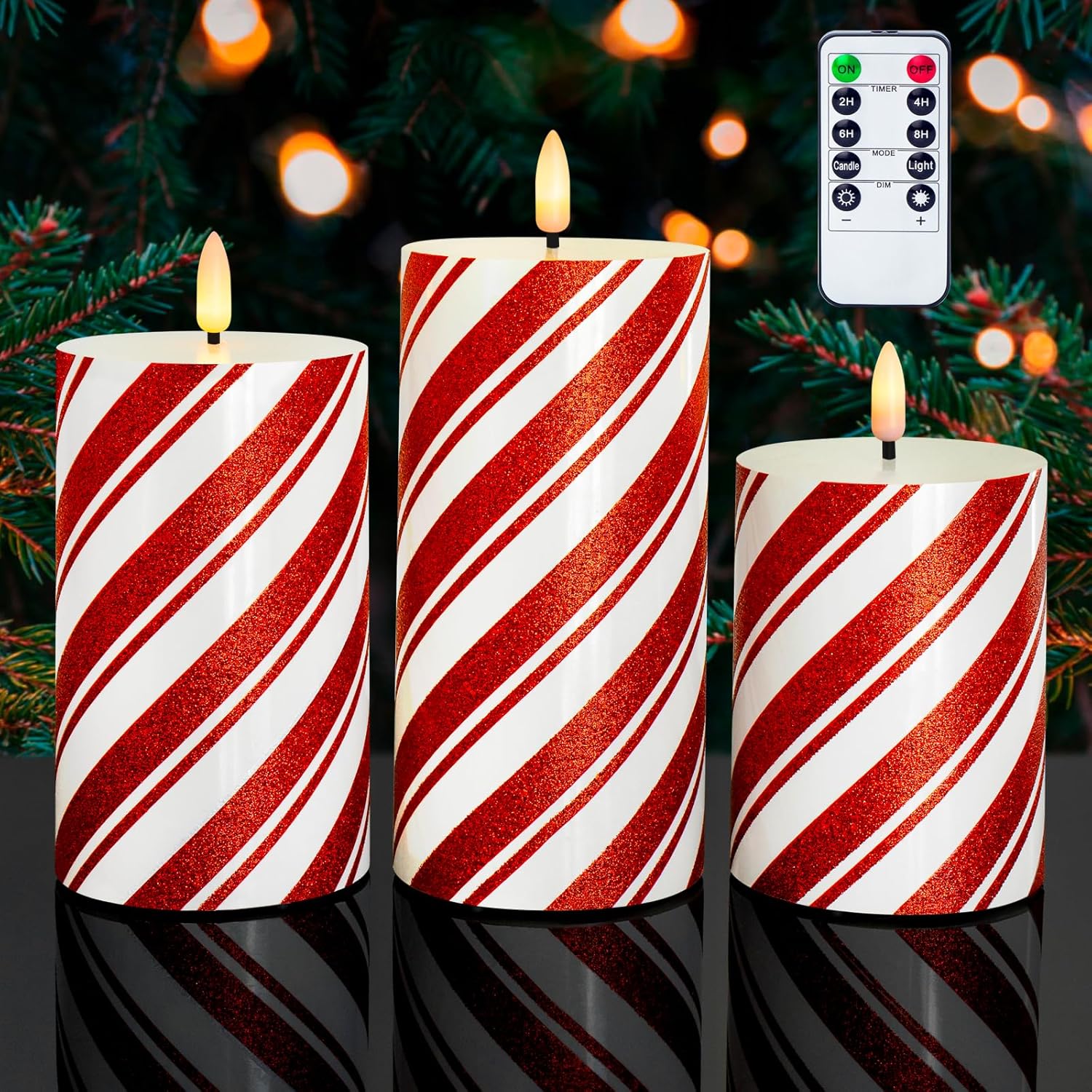 Red Stripe Glitter LED Pillar Candles, Battery Operated Real Wax Flameless Candles for Christmas Holiday Home Party Decor, Set of 3 (D3 x H4 5" 6")