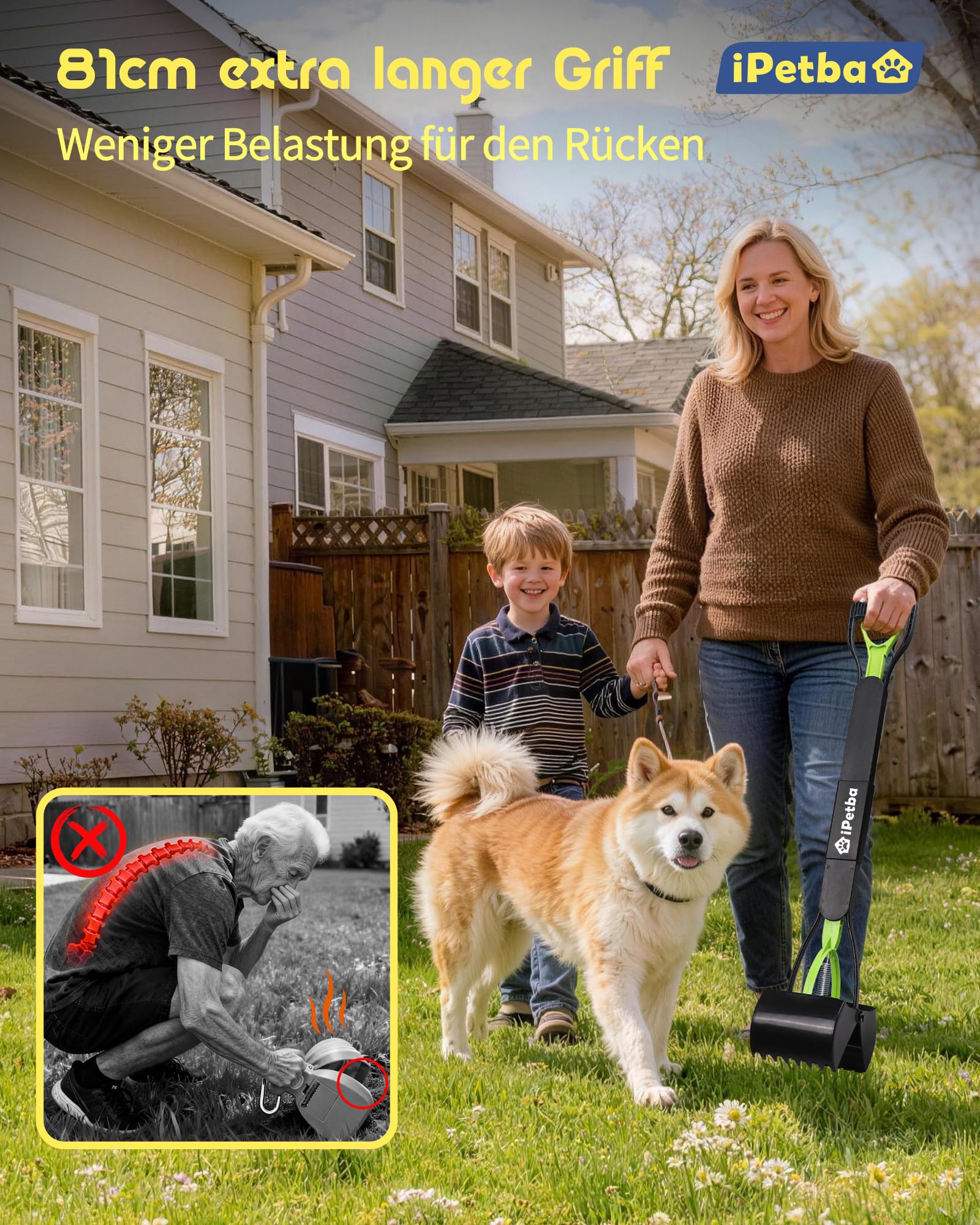 80 cm Großer Hundekotschaufeln Langer Griff Hundekotsammler Kein Bücken Nötig für Hunde und Katzen Faltbare Pooper Scooter für Wiese Erdboden Sandboden Kiesweg