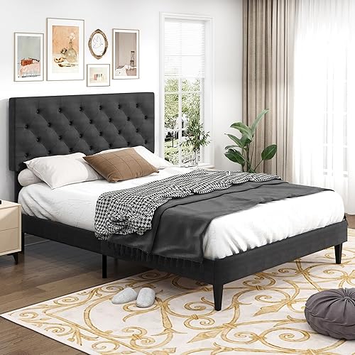 Miniatura 160 de BarnFurin Base de cama de tamaño matrimonial con cabecero, cama de plataforma tapizada con cabecera capitonada con botones ajustables, marco de cama