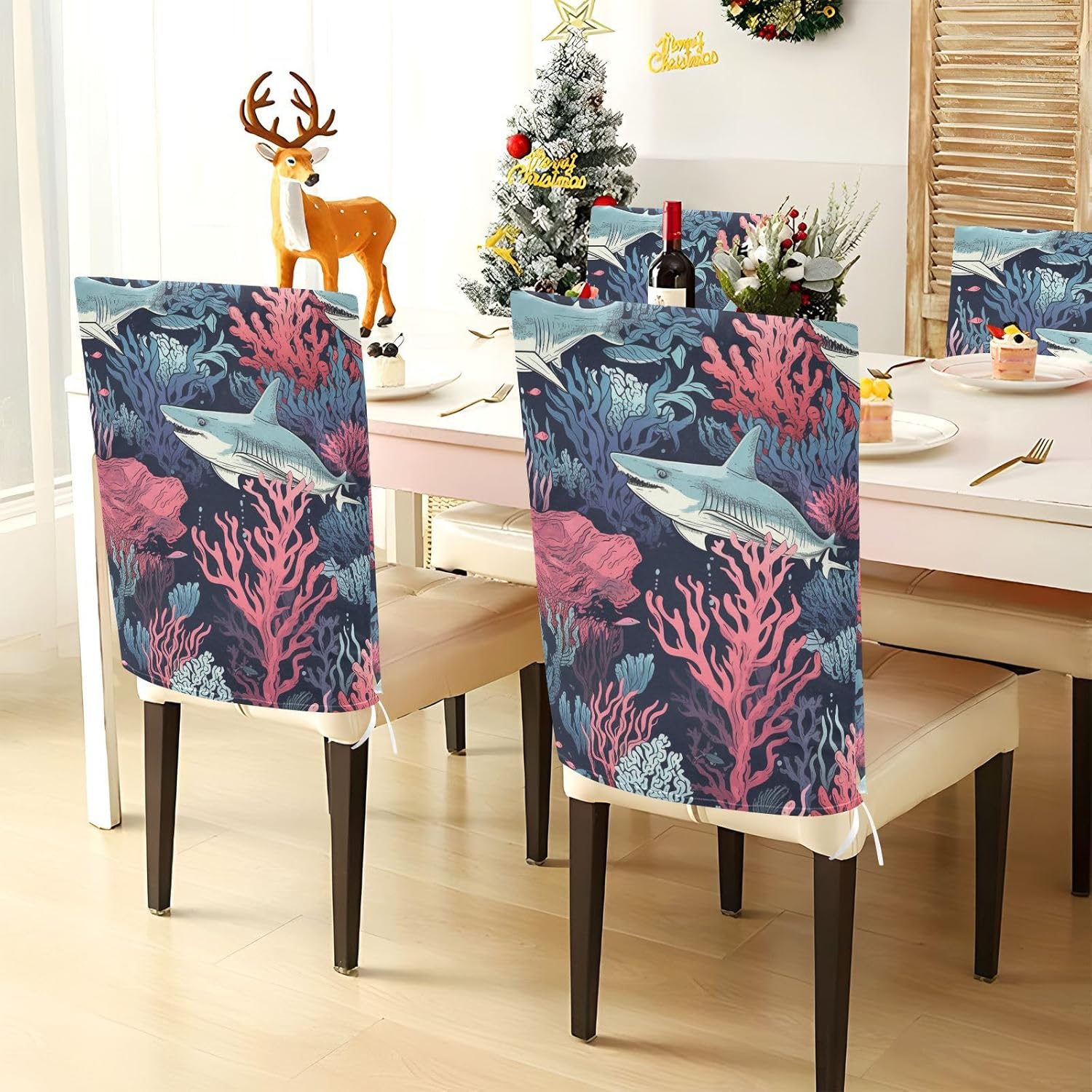 ALAZA Sharks and Corals Chair Back Cover Set of 6, Washable Reusable Removable Chair Slipcovers Decorative Chair Cover for Home Kitchen Wedding Party