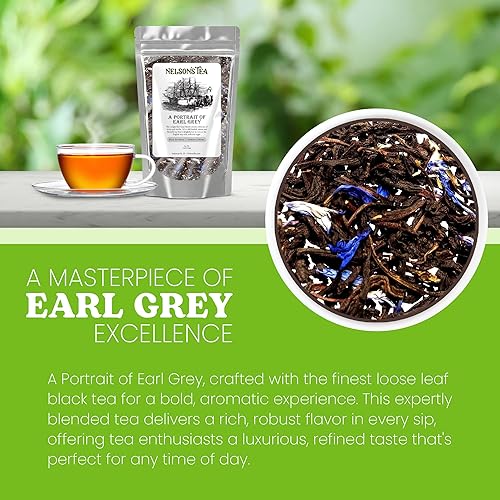 Vista 47 de Nelson's Tea - Té Earl Grey Hoja suelta - Té negro de frambuesa Earl Grey con frambuesas secas - Hoja suelta Earl Grey con pétalos de aciano