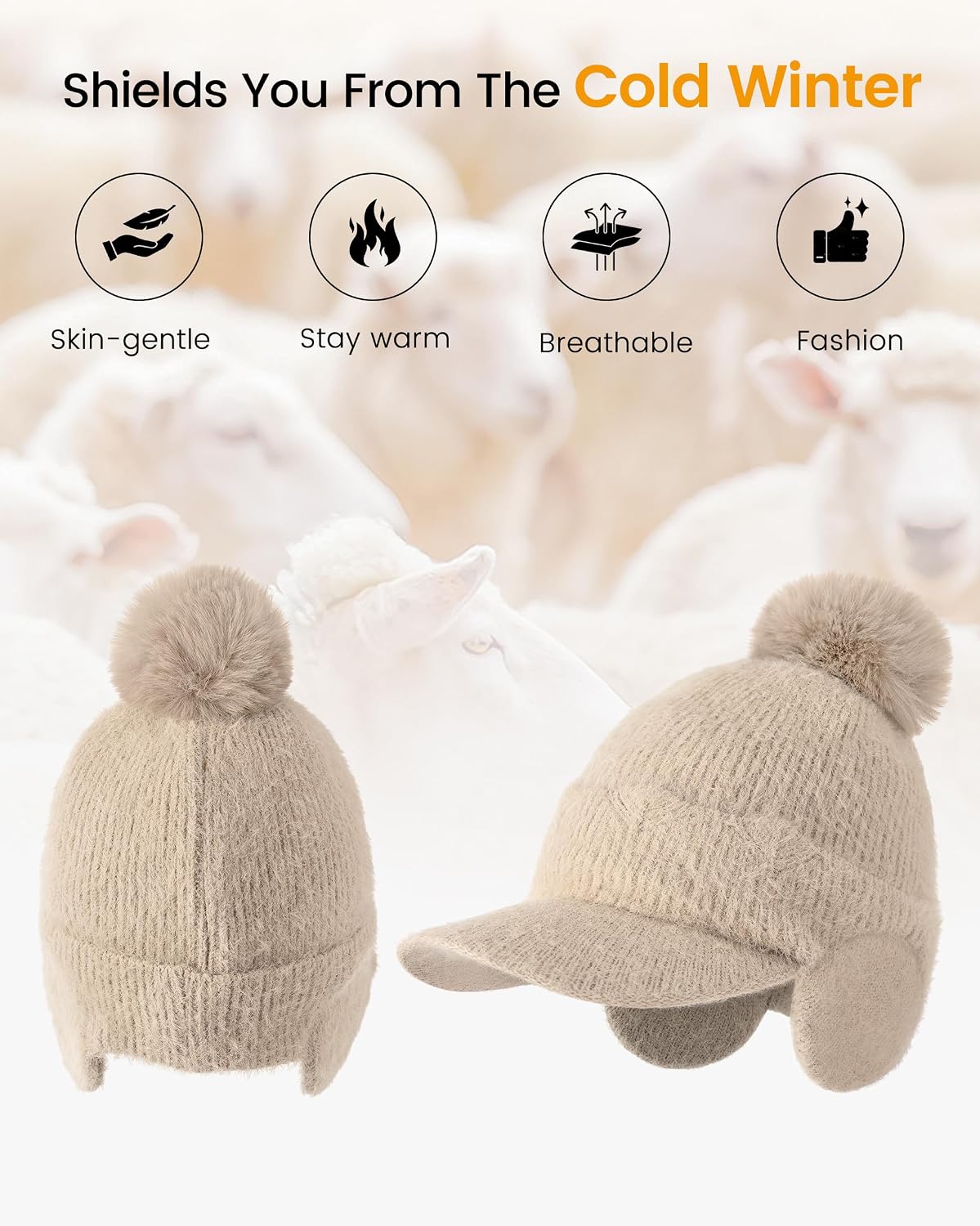 Winter Hats for Women - Winter Beanie Womens with Faux Fur Bobble, Soft Stretch Cute Womens Winter Hats with Visor