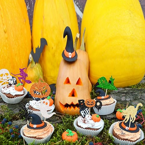 Miniatura 32 de Ephlyn 24 adornos para cupcakes de Halloween con purpurina para Halloween, murciélagos, calabaza, fantasma, decoración de cupcakes para temática