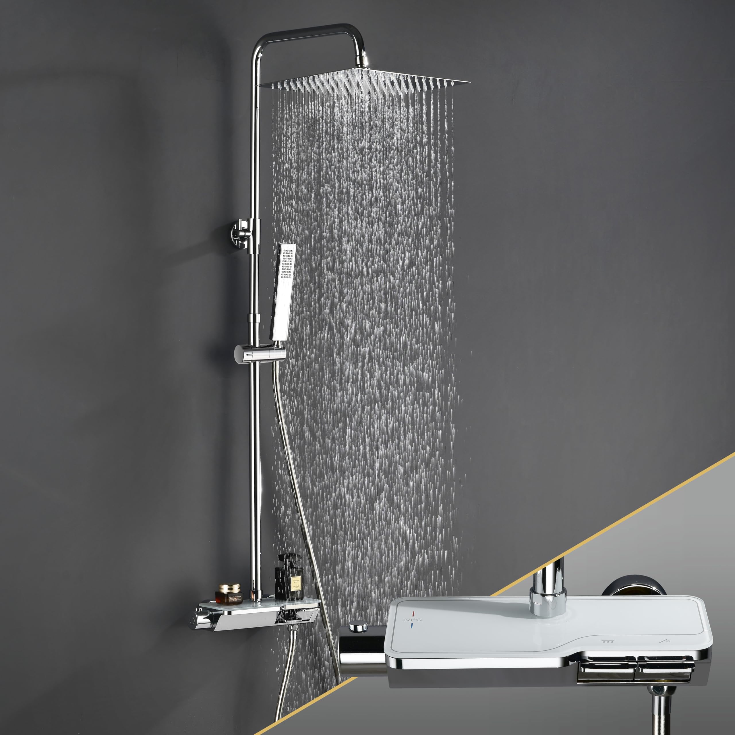 Görbach Colonna Doccia Acciaio Inox con Miscelatore, Colonna Doccia Rubinetto con Asta Doccia Regolabili e Termostatico, Set Doccia a Pioggia con Soffione 30×30 cm Cromo