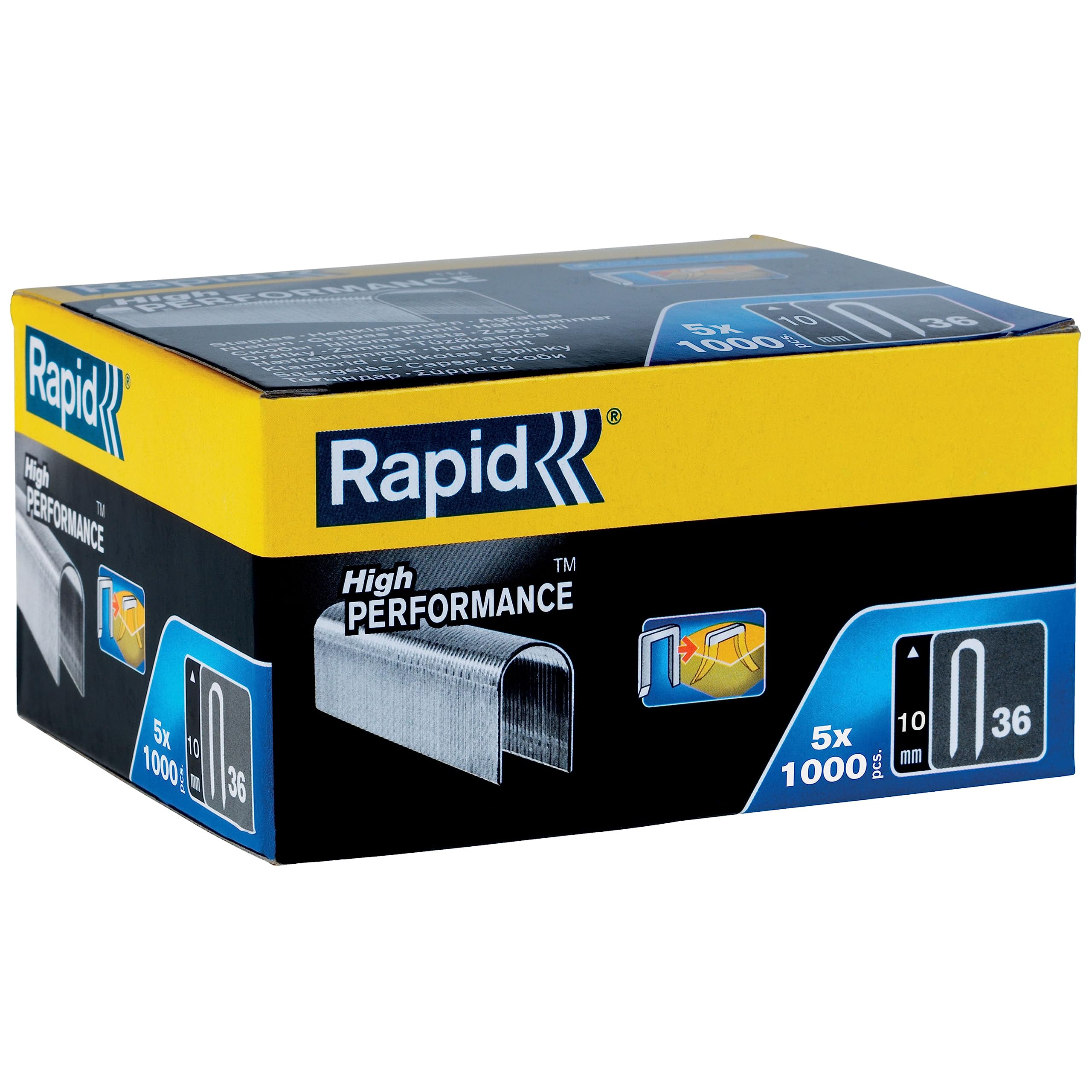 Rapid 5 Confezioni da 1000 Graffe N.36/10 mm per Cavi a Bassa Tensione da 6 mm con Corona Arrotondata e Struttura a Filo Sottile, Lunghezza Gamba 10 mm