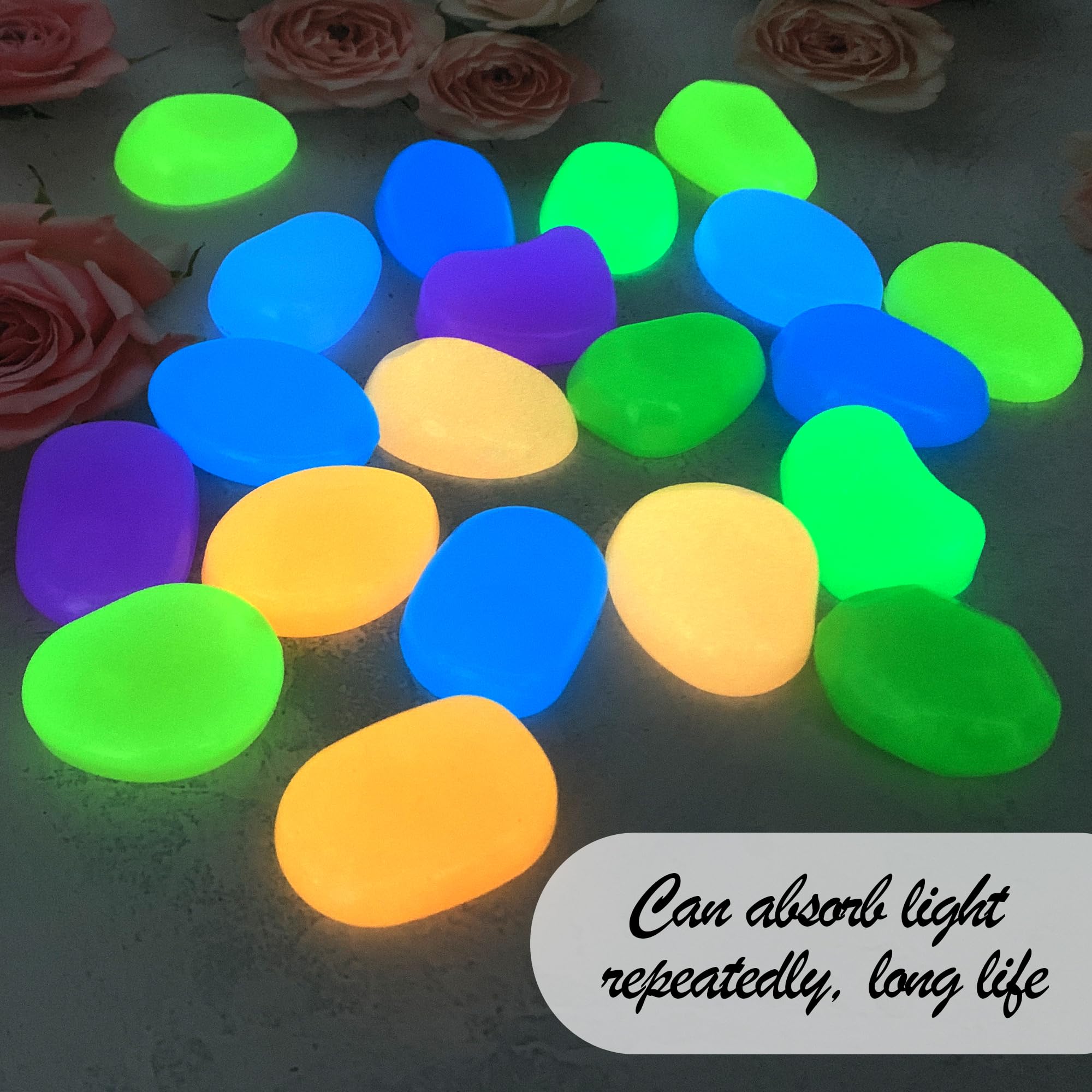 DHER 20 stuks grote lichtgevende stenen, verlichte tuinkiezelstenen, decoratief, helder, kleurrijk, voor tuin, aquascape, 4,5 cm, lichtsteen van hars (A