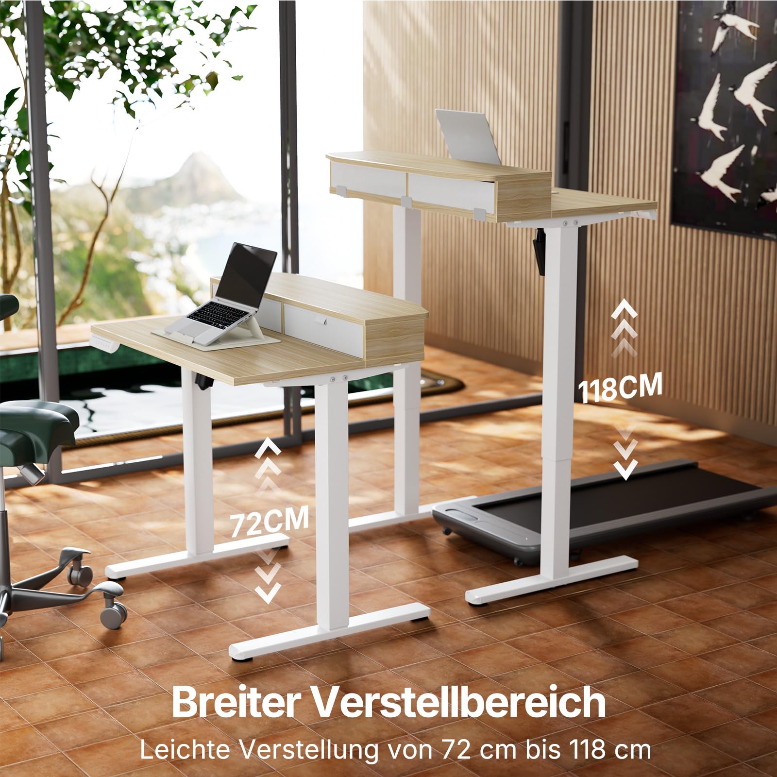 HUANUO Höhenverstellbarer Schreibtisch 80x53 cm mit Schubladen | kompatible C-Klemme-Halterung, 4 Gedächtnis-Höheneintellungen