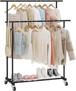 Calmootey Double Rod Rolling Garment Rack with Shoe Shelf - Portable Black Clothes Organizer for Bedroom, Living Room