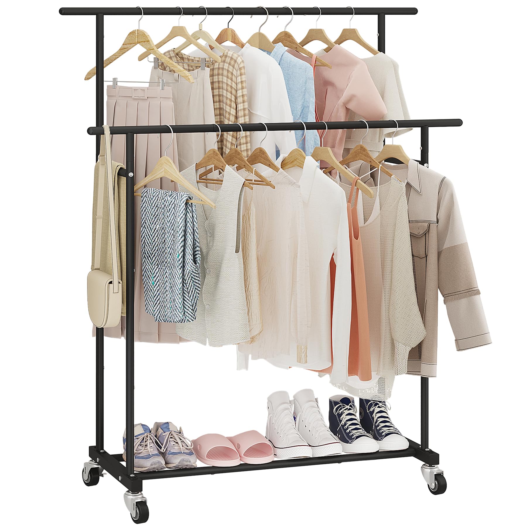 Calmootey Double Rod Clothing Garment Rack,Rolling Hanging Clothes Rack,Portable Clothes Organizer for Bedroom,Living Room,Clothing Store,Black