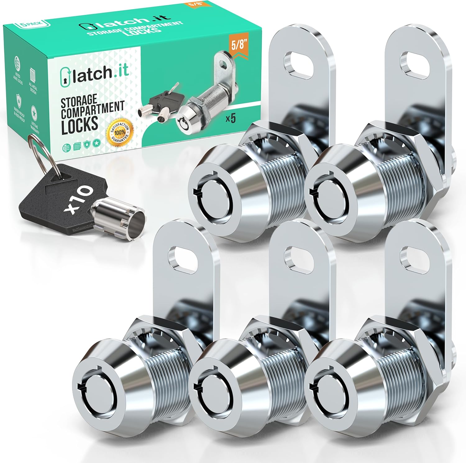 LATCH.IT 5/8 RV Storage Locks 5Pack | RV Storage Door Latch | Utility Cam Lock with 10 Keys | 100% Metal RV Compartment Locks | Check Fitment Image Before Purchasing